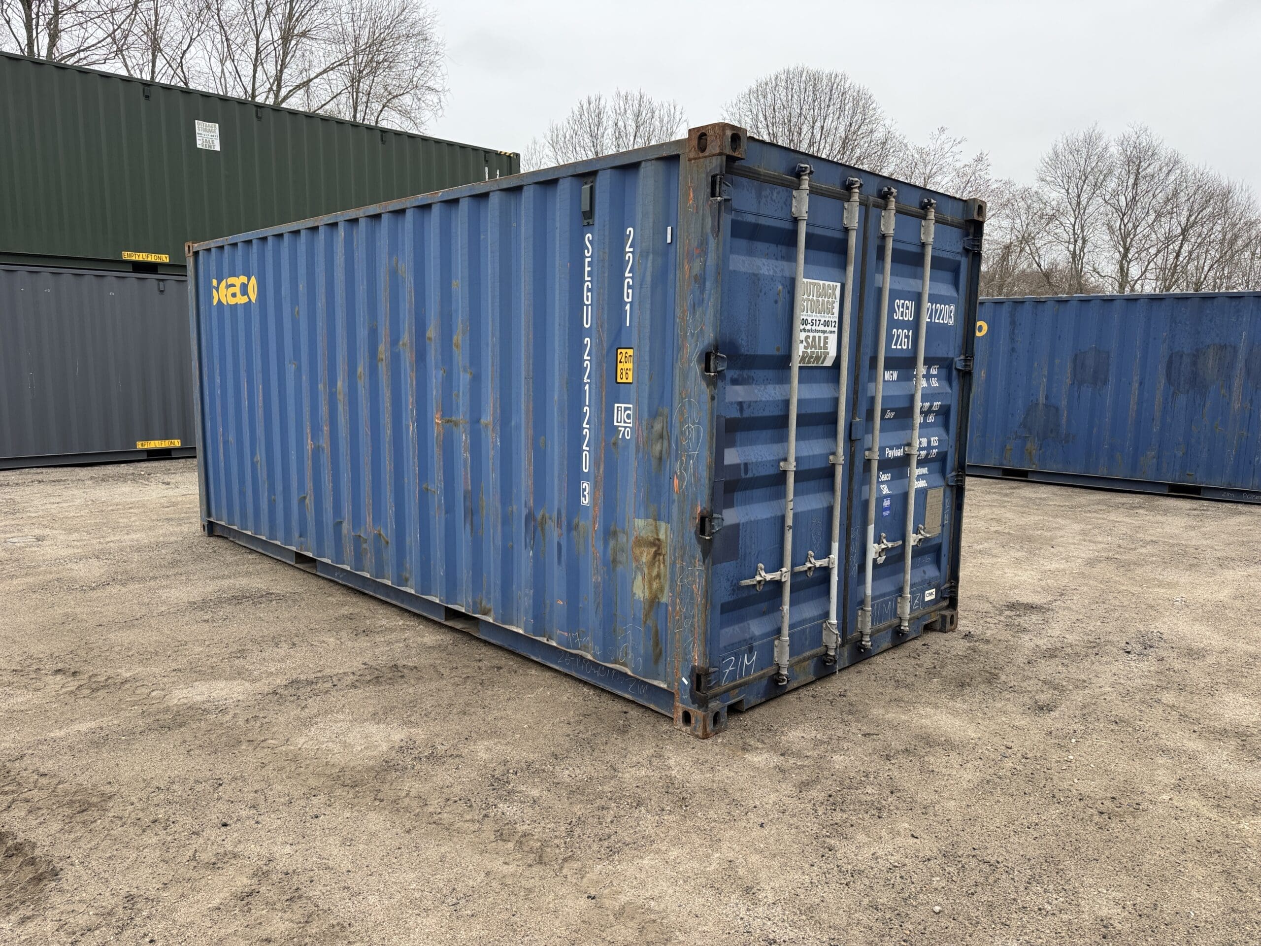 20ft Used Shipping Container for Sale — Front Exterior View | Outback Shipping Containers 2 13 20ft Used Shipping Container – Wind & Watertight – Blue — 20ft — used (image 1 of 12)