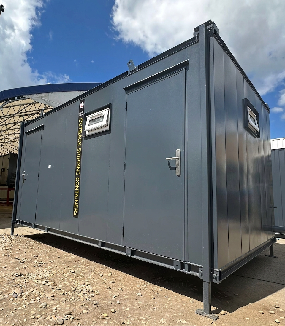 3+1 Toilet Block for Sale — Front Exterior View | Outback Shipping Containers 2 3 4 3+1 Toilet Block — 16 x 9 ft Anti-Vandal — Portable Toilet Block — No 1114 — primary exterior image 1 of 12
