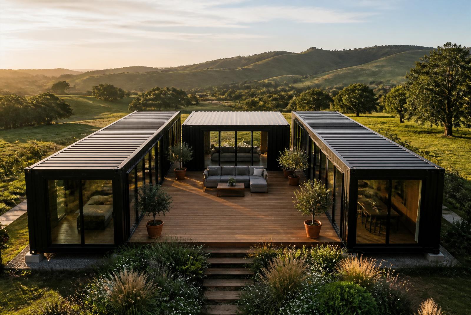 Trinity 100ft U-Shape Modular Container Home for Sale — Front Exterior View Trinity U-shape container home — aerial view of two 40ft and one 20ft containers around a central wood deck at golden hour