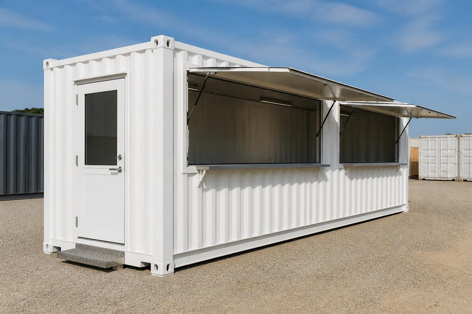 Three-quarter view of the white 20ft Outback Vendor concession container showing its full ISO length
