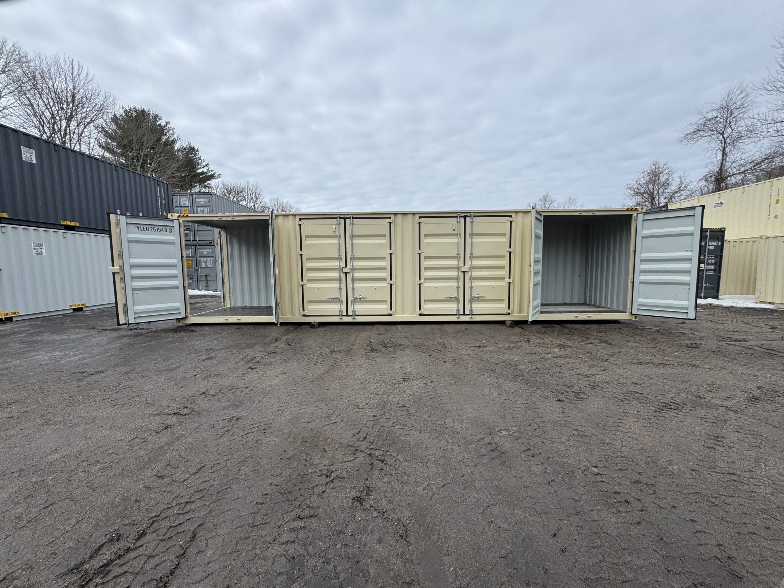 40ft New High Cube Shipping Container — Front Exterior View | Outback Shipping Containers 2 59 40ft New High Cube Shipping Container – Wind & Watertight – Beige — 40ft — new (image 1 of 12)