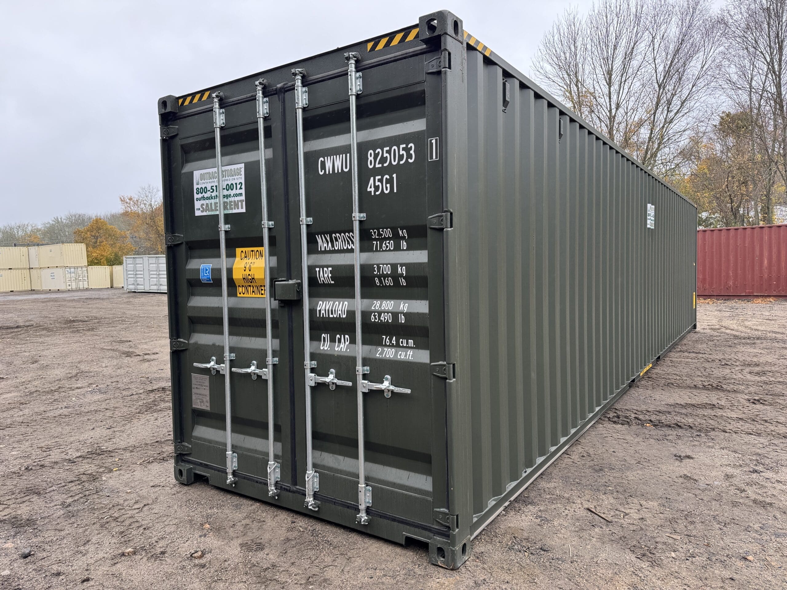 40ft New High Cube Shipping Container — Front Exterior View | Outback Shipping Containers 2 45 40ft New High Cube Shipping Container – Wind & Watertight — 40ft — new (image 1 of 12)