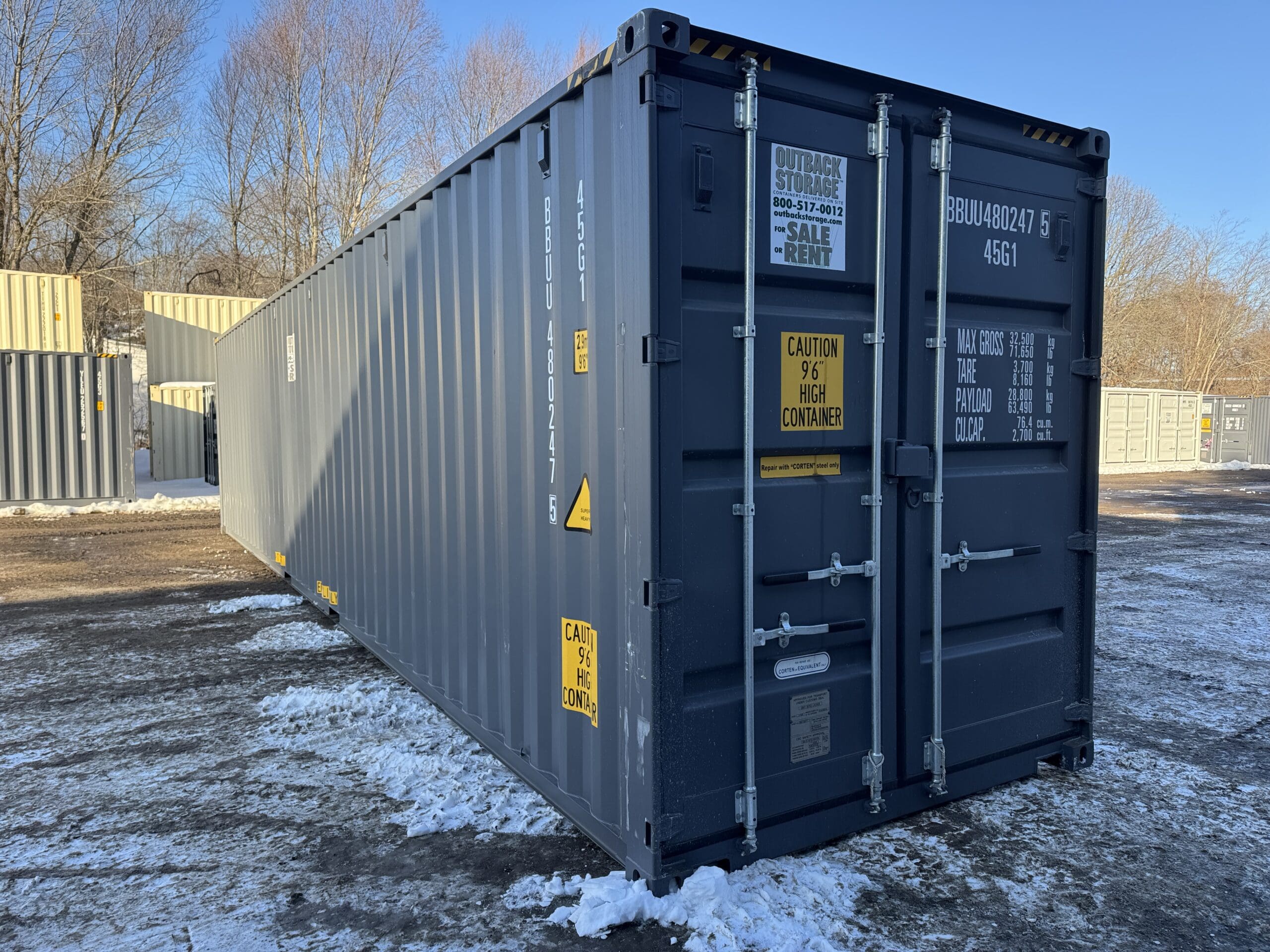 40ft New High Cube Shipping Container — Front Exterior View | Outback Shipping Containers 2 13 40ft New High Cube Shipping Container – Wind & Watertight – Gray — 40ft — new (image 1 of 12)