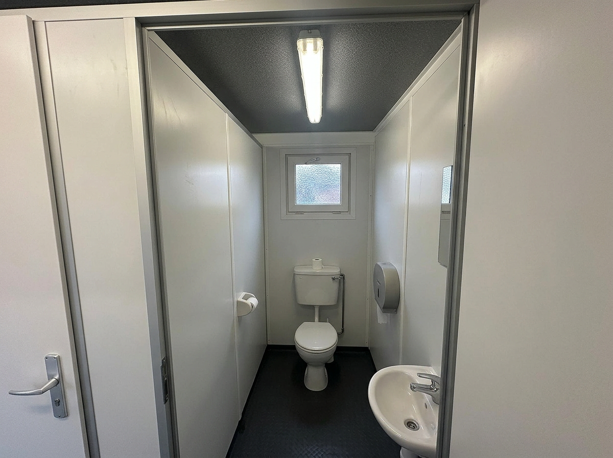 Interior of the 16 x 8 ft toilet block cubicle with WC pan, cistern, hand basin and vinyl floor