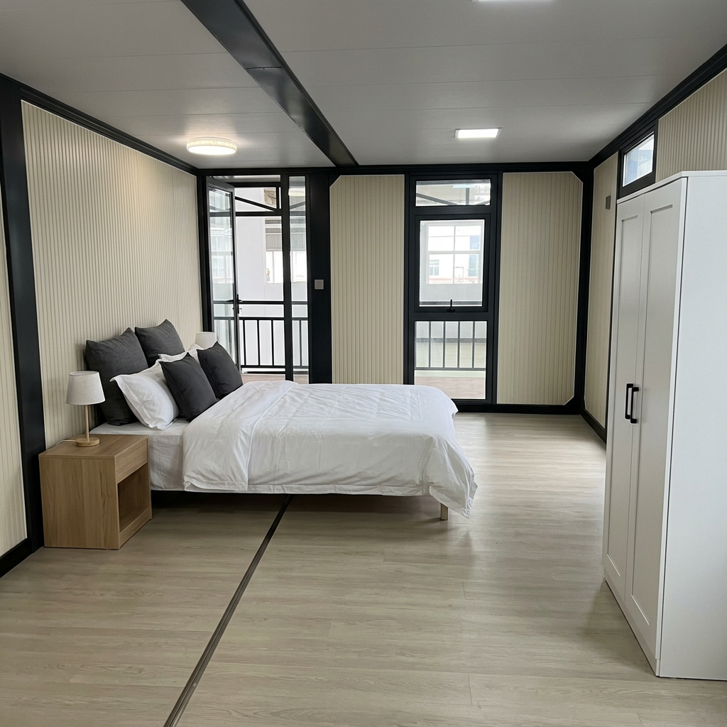 Bedroom 2 on the upper floor with queen bed, bedside table, wardrobe and balcony doors