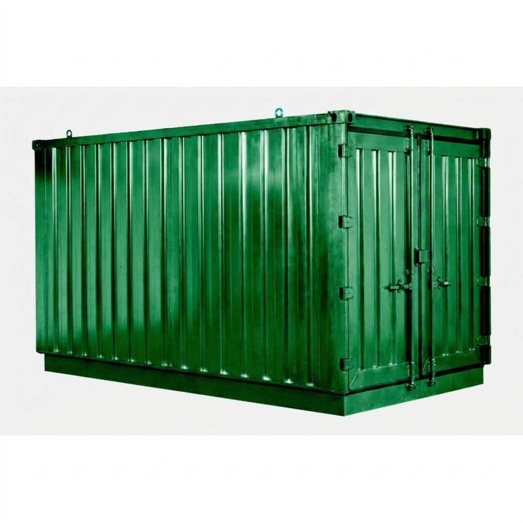 Green powder coated flat packed storage container door showing corrugated metal panel and hinges
