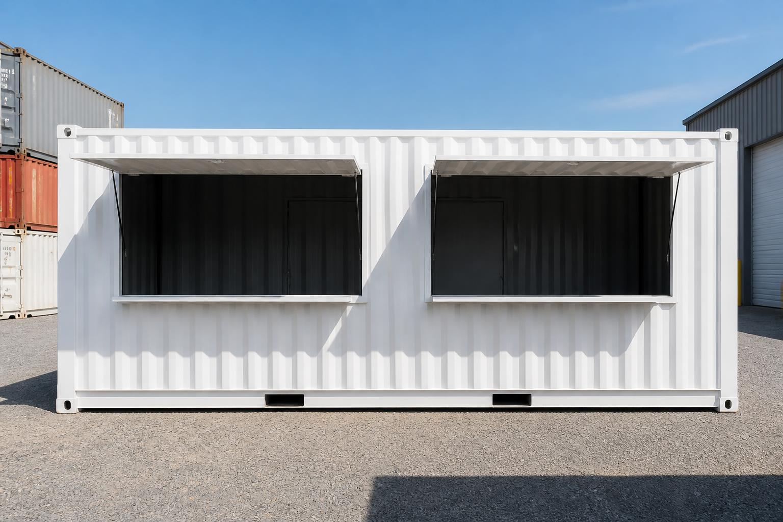Outback Vendor 20ft Concession & Retail Kiosk Container for Sale — Front Exterior View White 20ft concession kiosk container with two large fold-up serving hatches propped open as awnings