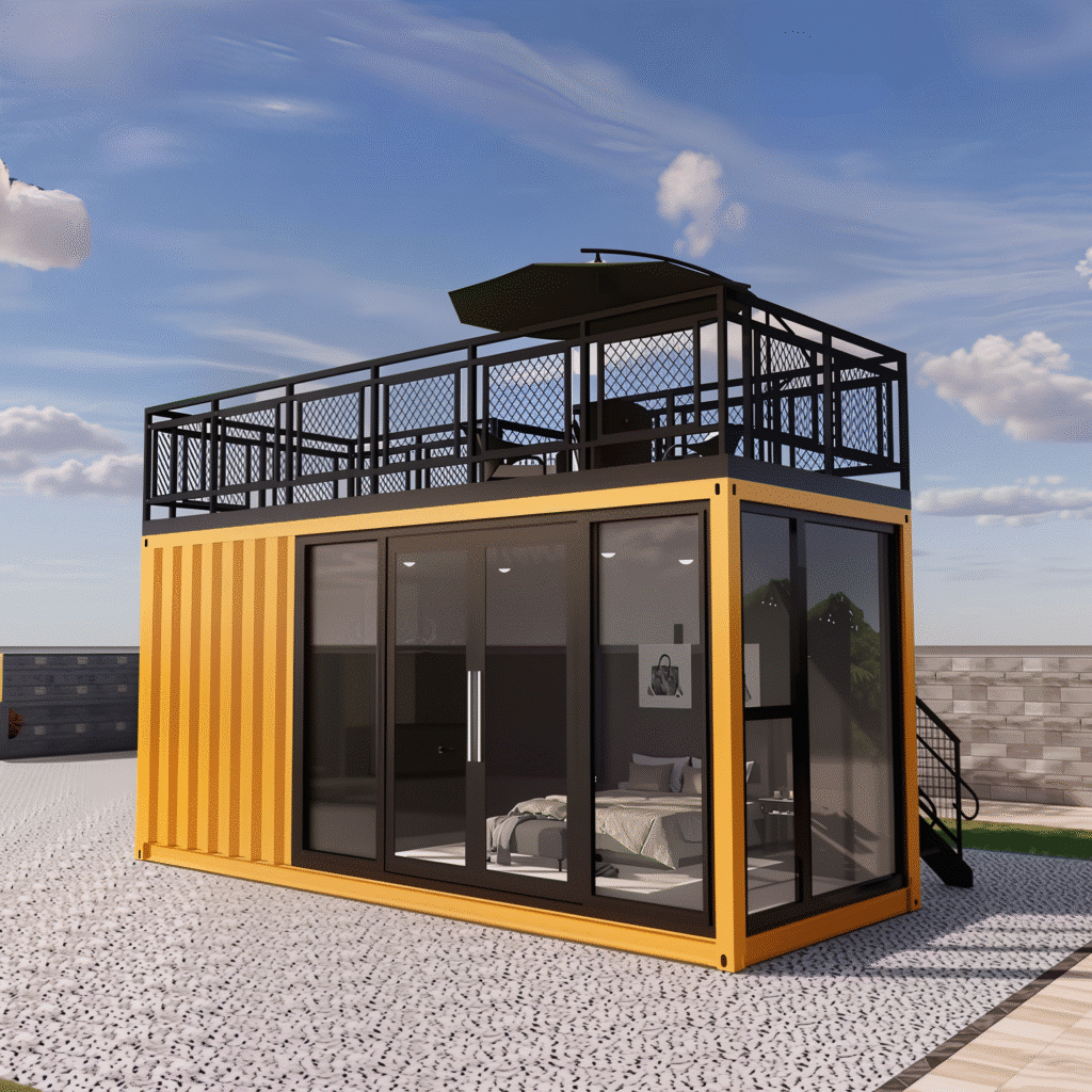 High Quality 20ft Prefab Shipping Container House — yellow exterior with black rooftop terrace