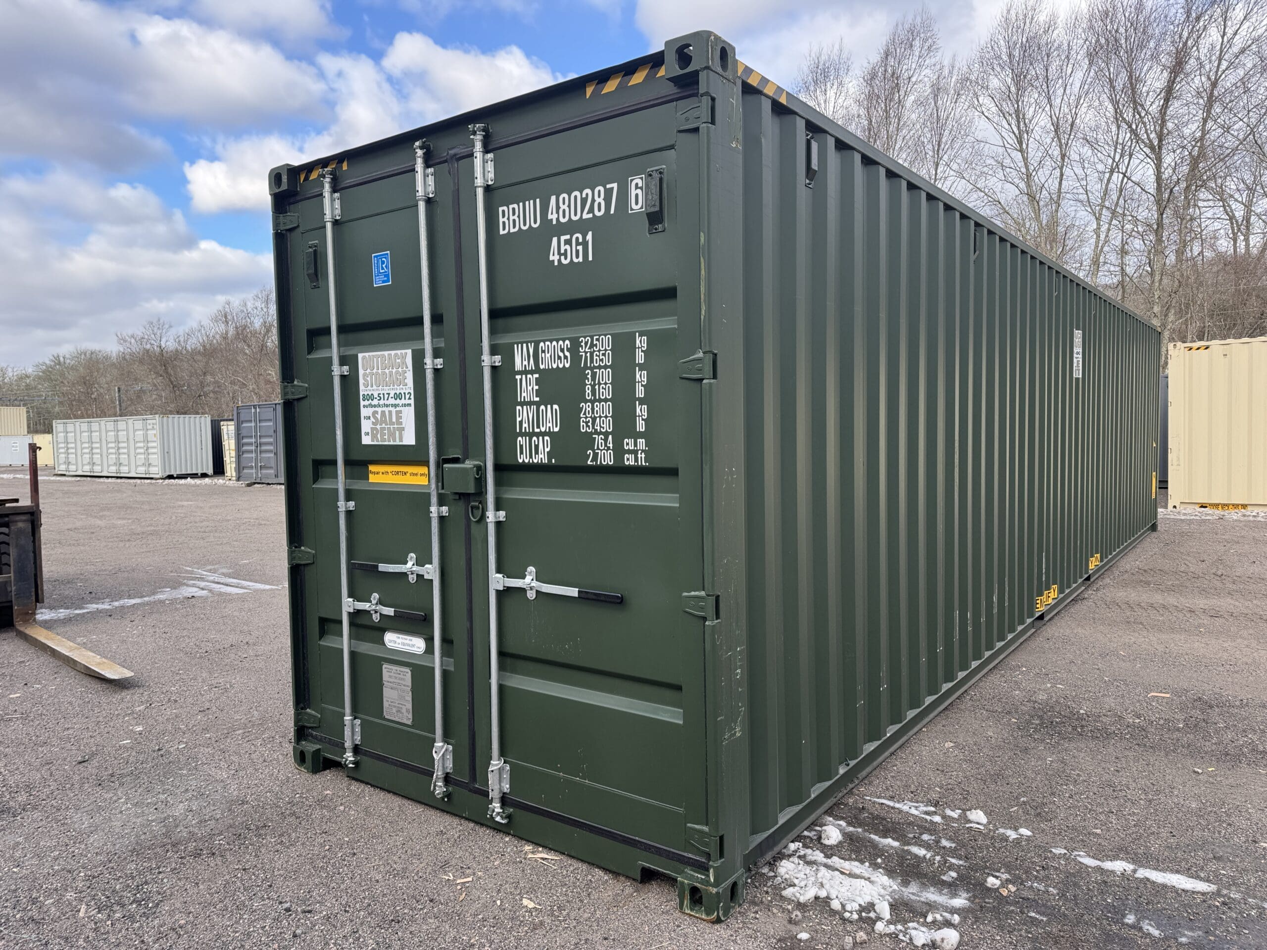 40ft New High Cube Shipping Container — Front Exterior View | Outback Shipping Containers 2 56 40ft New High Cube Shipping Container – Wind & Watertight – Green — 40ft — new (image 1 of 12)