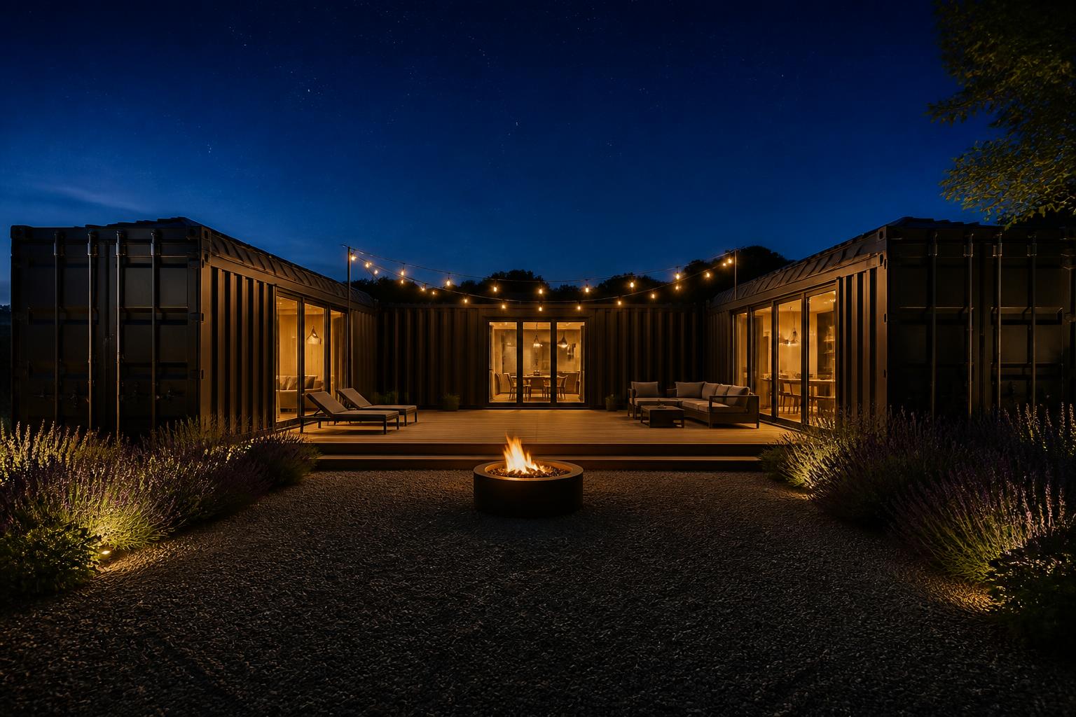 Trinity U-shape container home — second full bathroom inside the right 40ft wing with matte-black rain shower, wall-hung toilet and oak double vanity