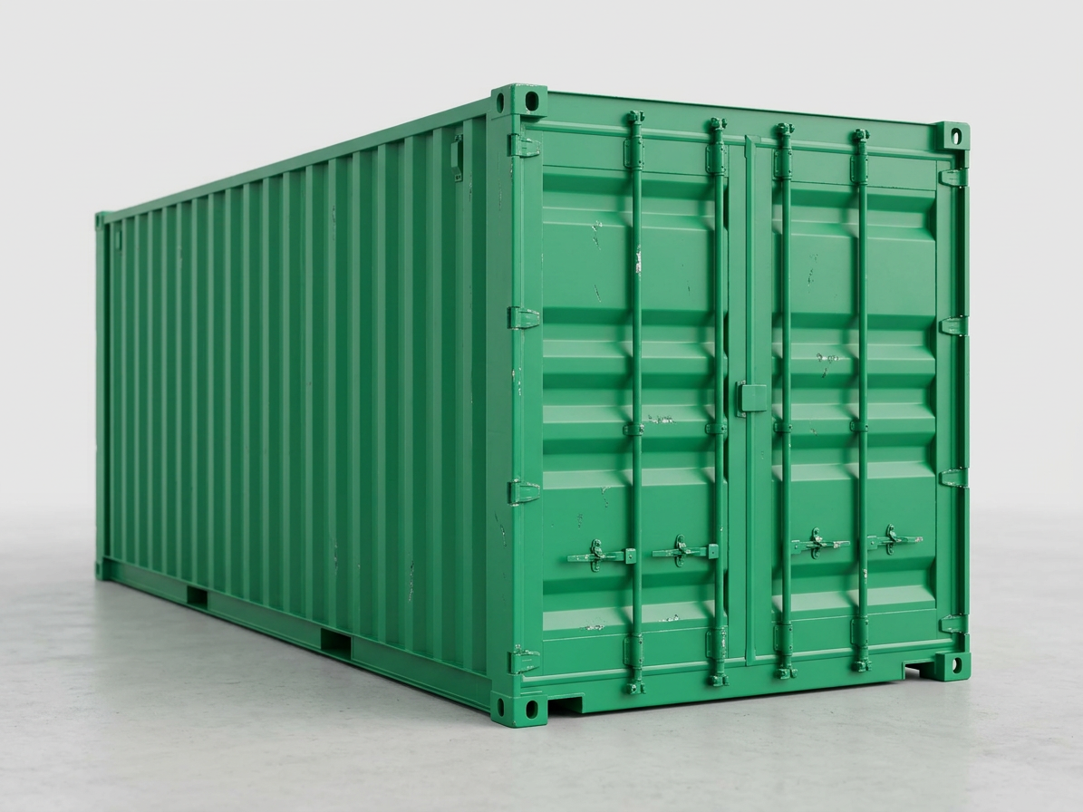 Green 20ft shipping container with large silver metal roller shutter door on the side wall outdoors
