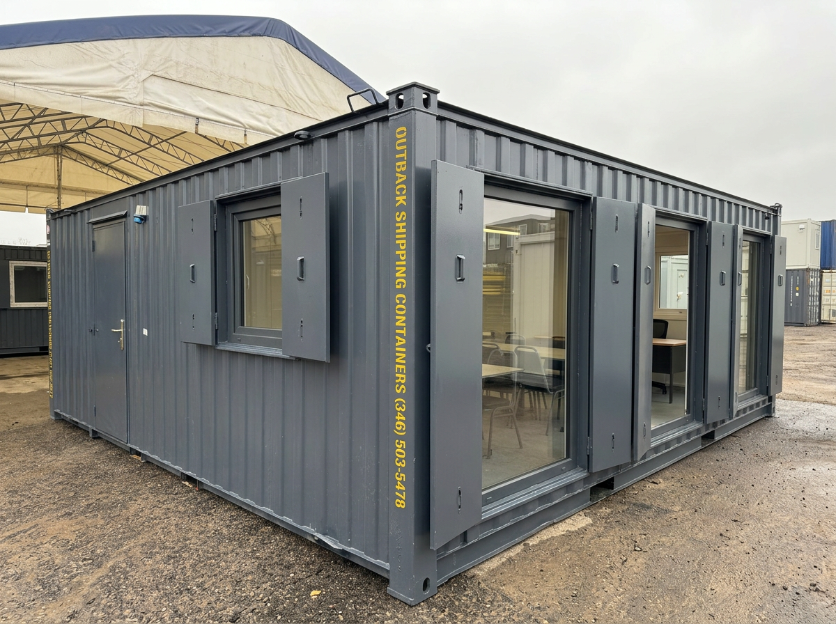 Opposite three-quarter view of the 32x10ft open plan office canteen with window shutters open showing the interior seating