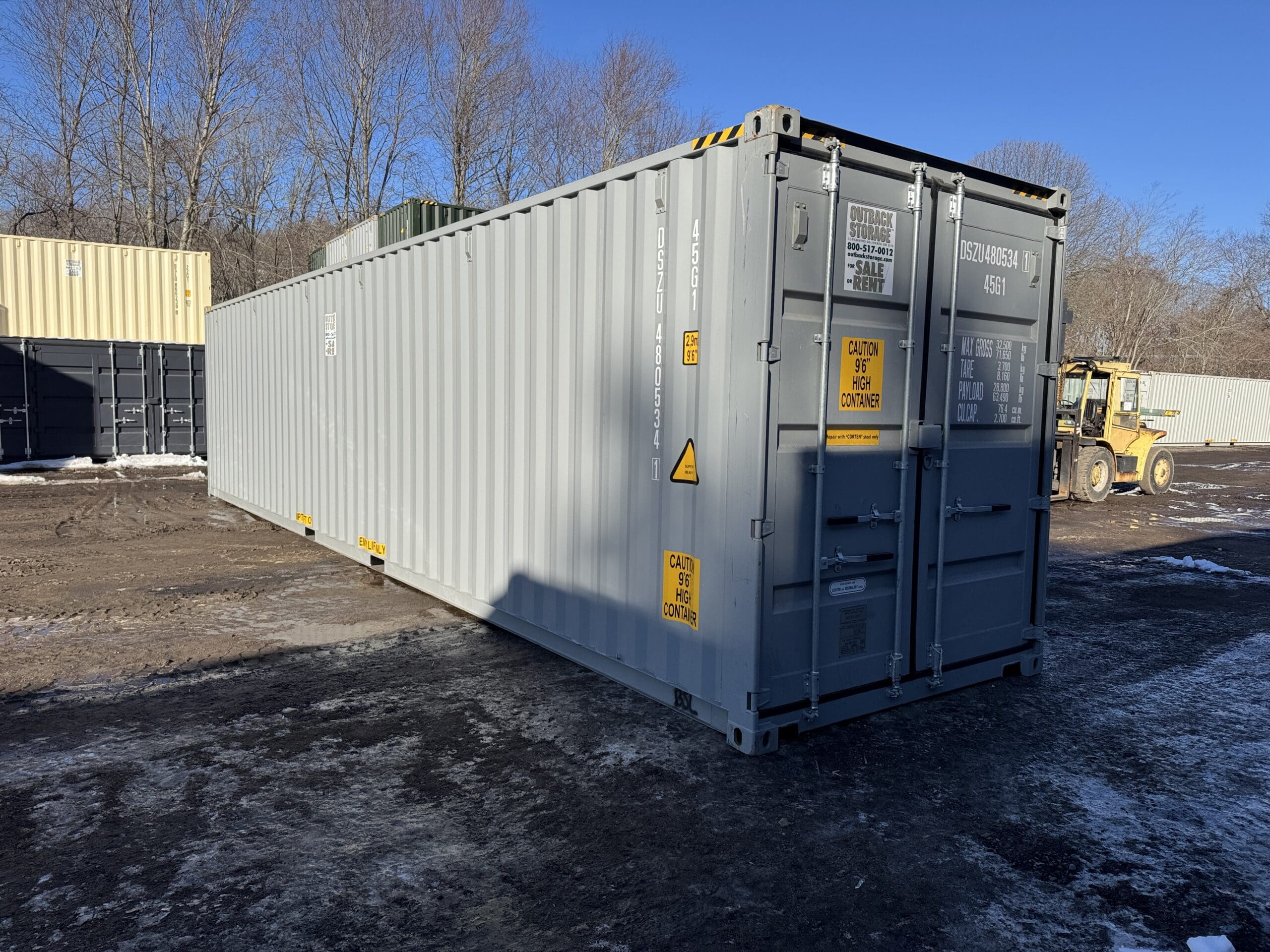 40ft New High Cube Shipping Container — Front Exterior View | Outback Shipping Containers 2 49 40ft New High Cube Shipping Container – Wind & Watertight – Gray — 40ft — new (image 1 of 12)