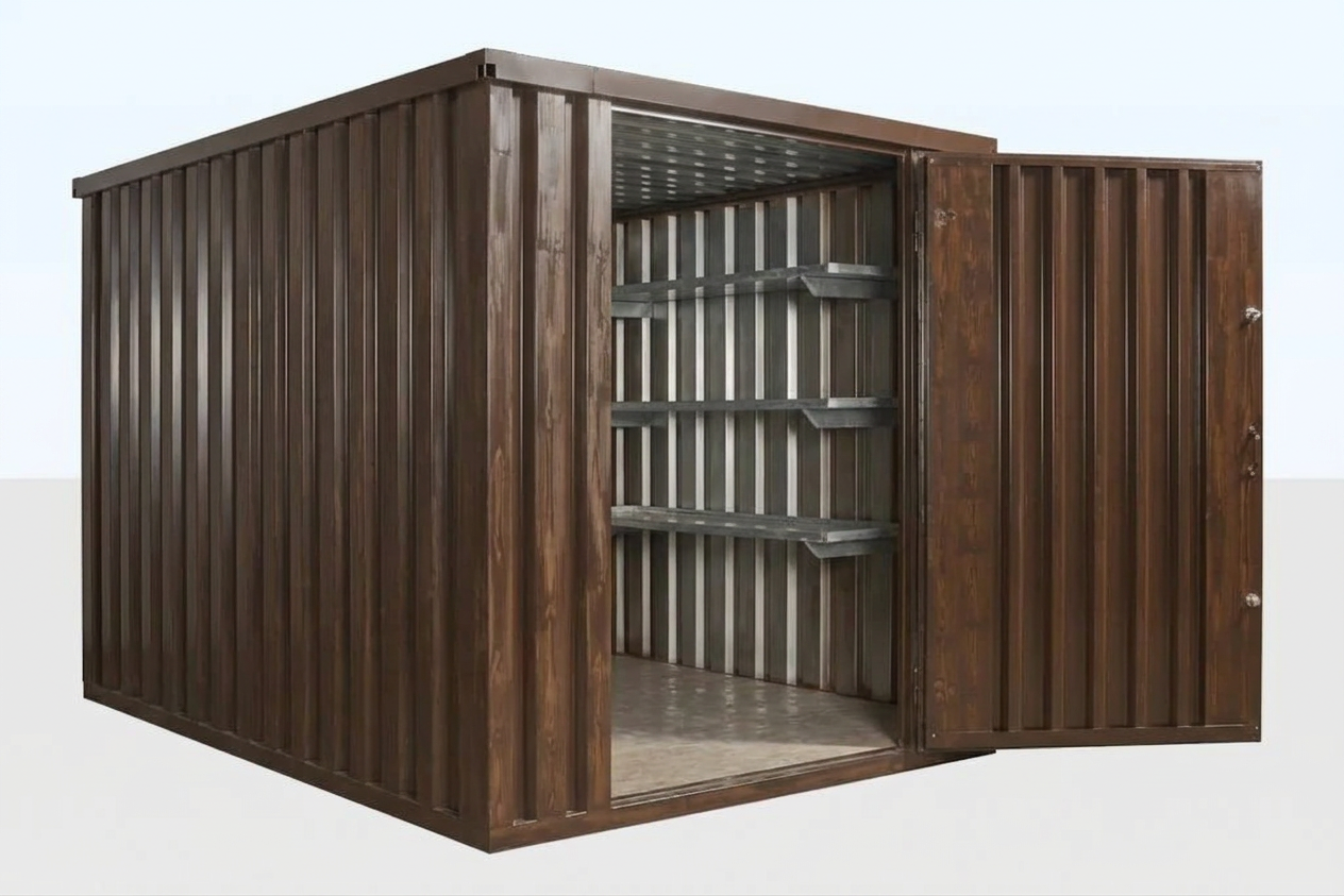 Wood effect flat pack storage container with door open revealing galvanized steel interior
