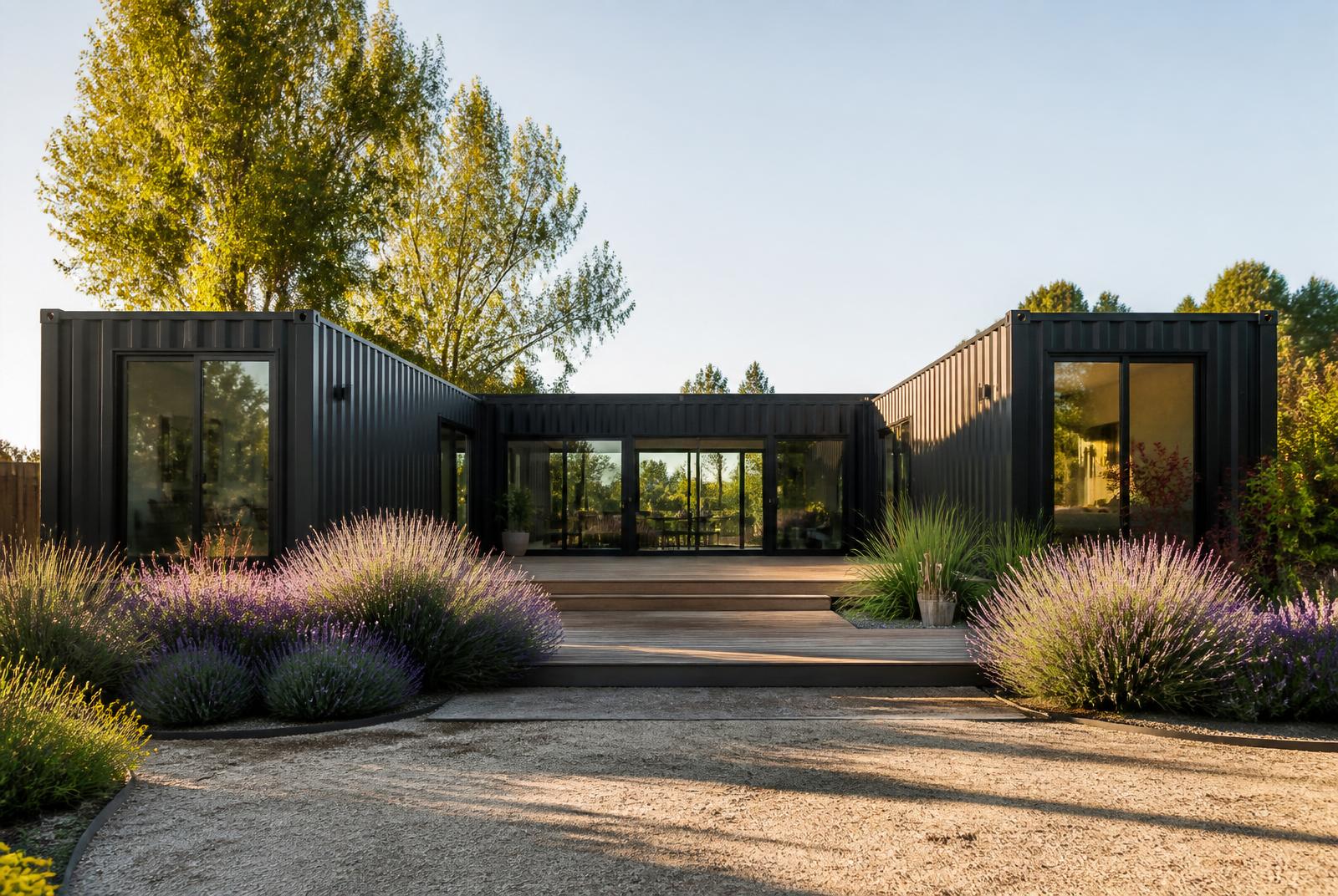 Trinity U-shape container home — front elevation with matte-black corrugated steel and lavender landscaping