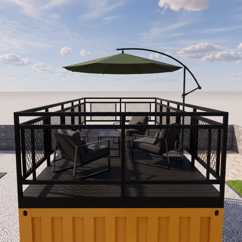 Rooftop terrace close-up with black railing, cantilever umbrella and outdoor lounge seating