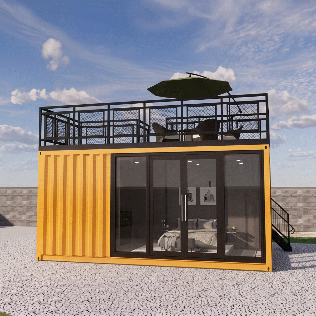 Front elevation of the yellow 20ft container house with rooftop terrace and cantilever umbrella