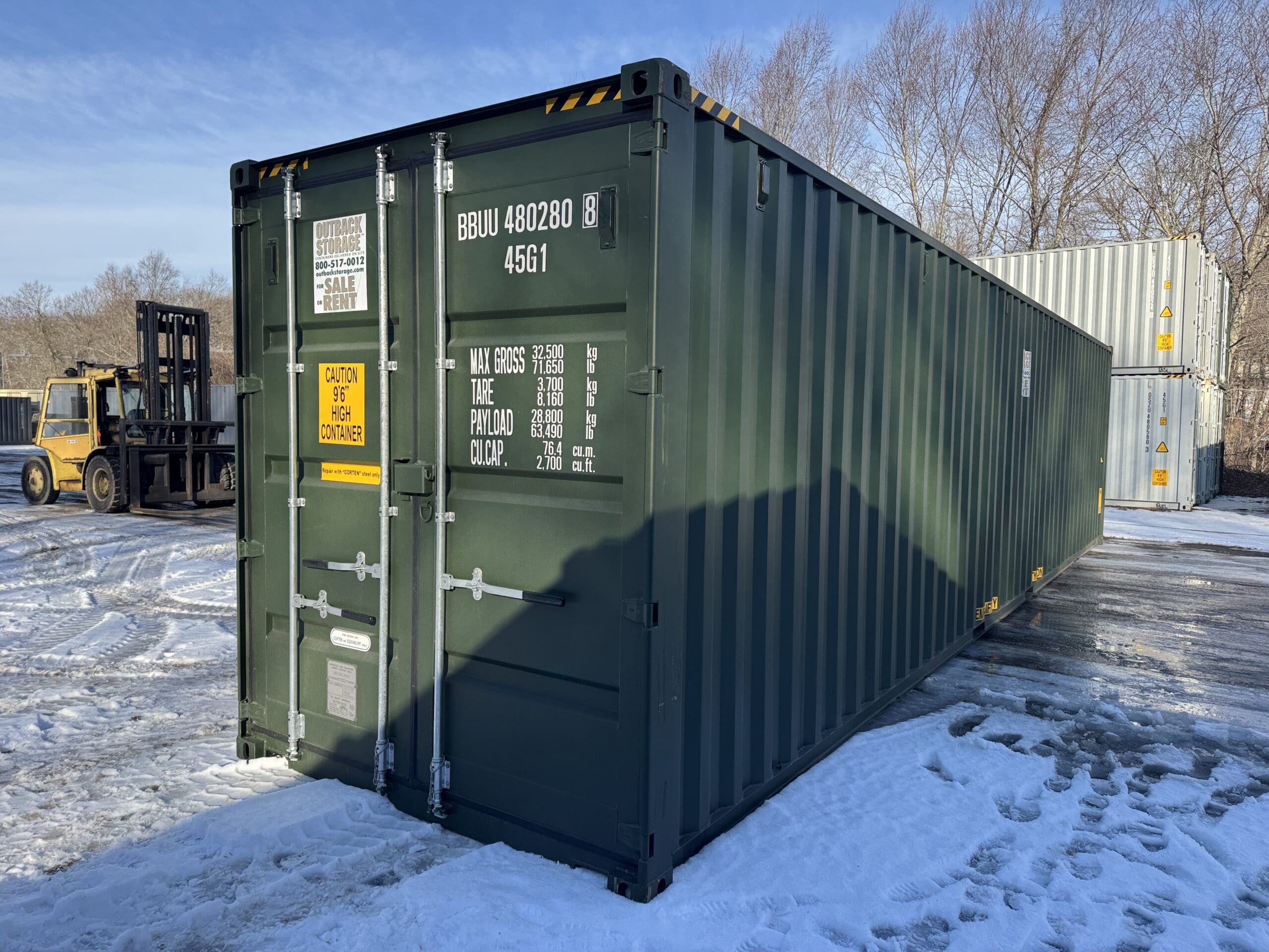 40ft New High Cube Shipping Container — Front Exterior View | Outback Shipping Containers 2 29 40ft New High Cube Shipping Container – Wind & Watertight – Green — 40ft — new (image 1 of 12)