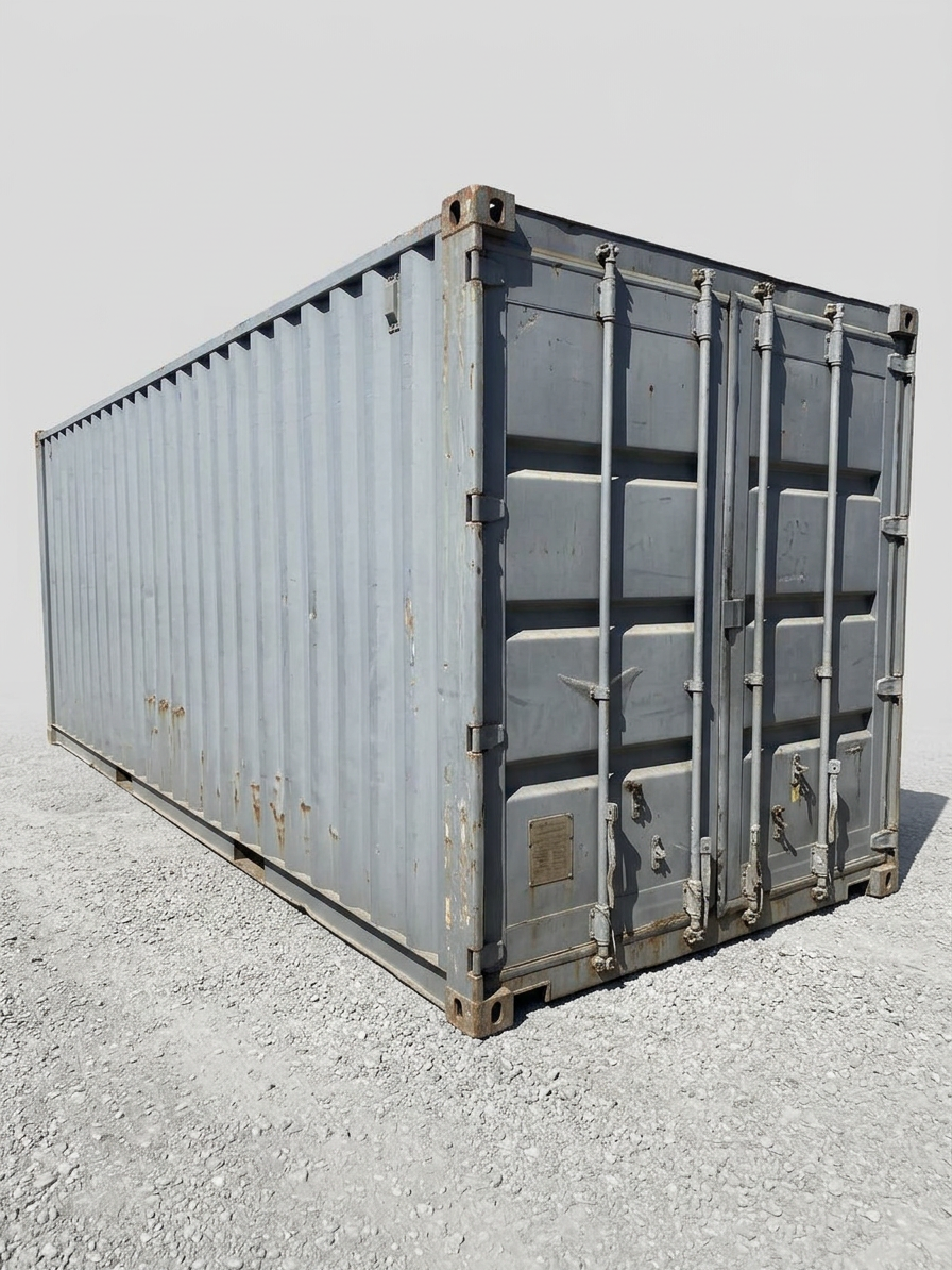 Interior view of a 40ft shipping container with wooden shelves and a workbench along steel walls