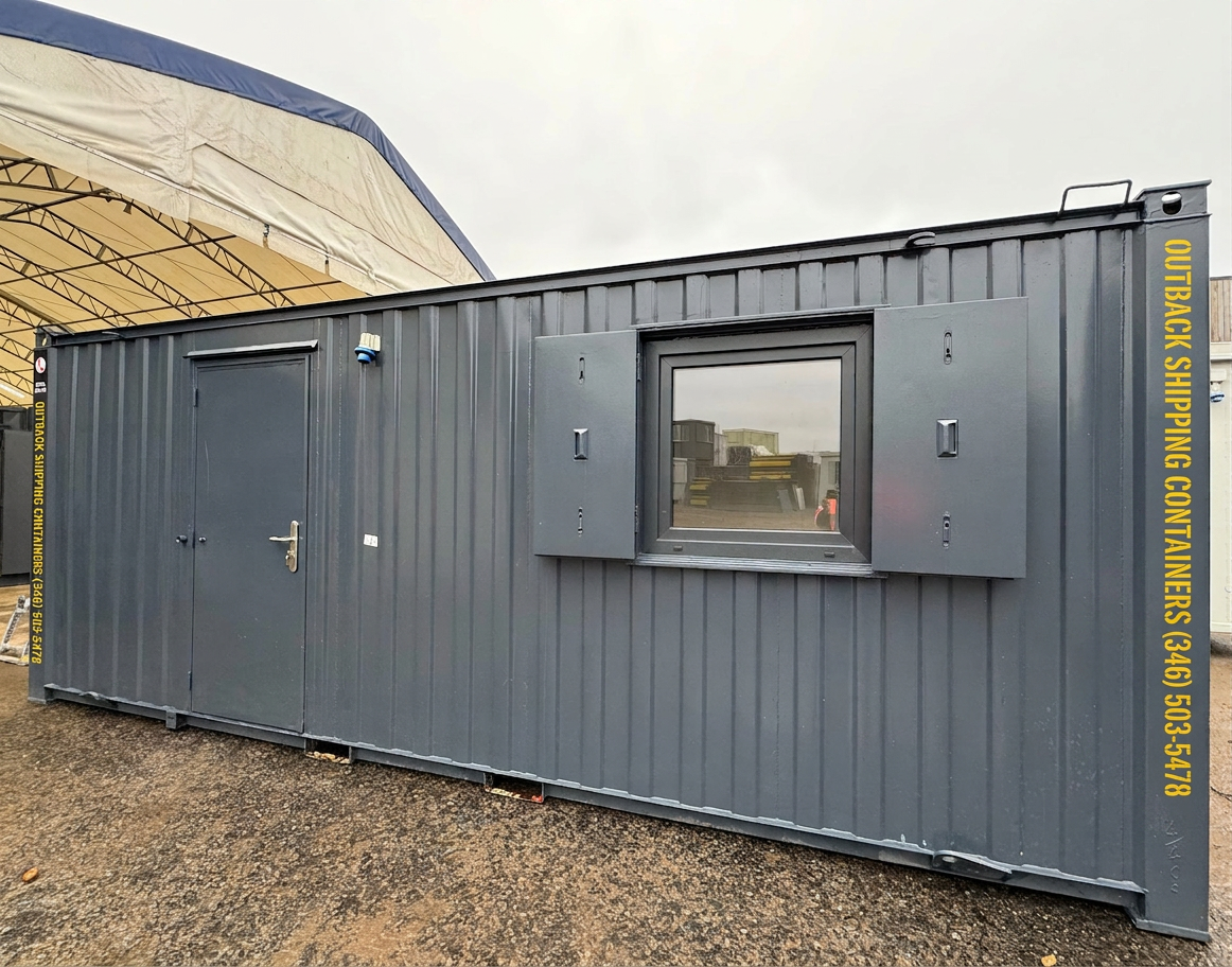 32x10ft for Sale — Front Exterior View | Outback Shipping Containers 2 3 Refurbished 32x10ft anti-vandal open plan office and canteen in dark grey with steel personnel door and shuttered window