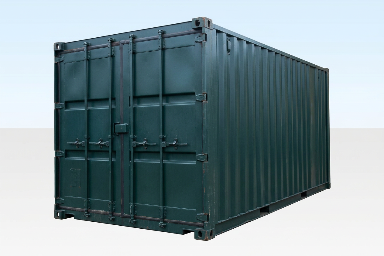 10ft used shipping container with both front cargo doors open showing the interior wood flooring and white walls