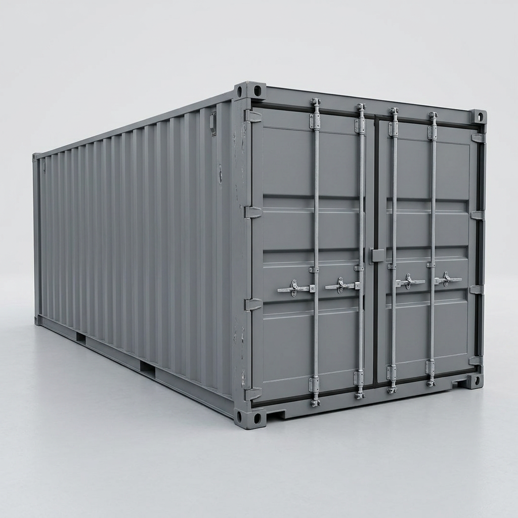 Interior view of a 20ft bunded storage container with open doors showing tiered metal shelving and raised spill lip