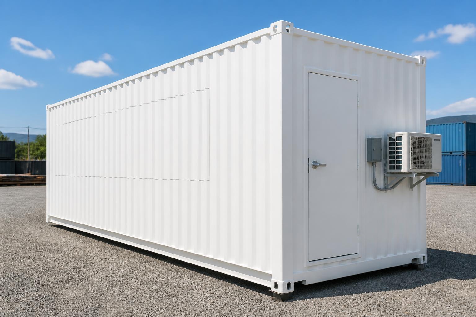 Rear end of the concession kiosk container with the 240V air conditioner condenser and personnel door