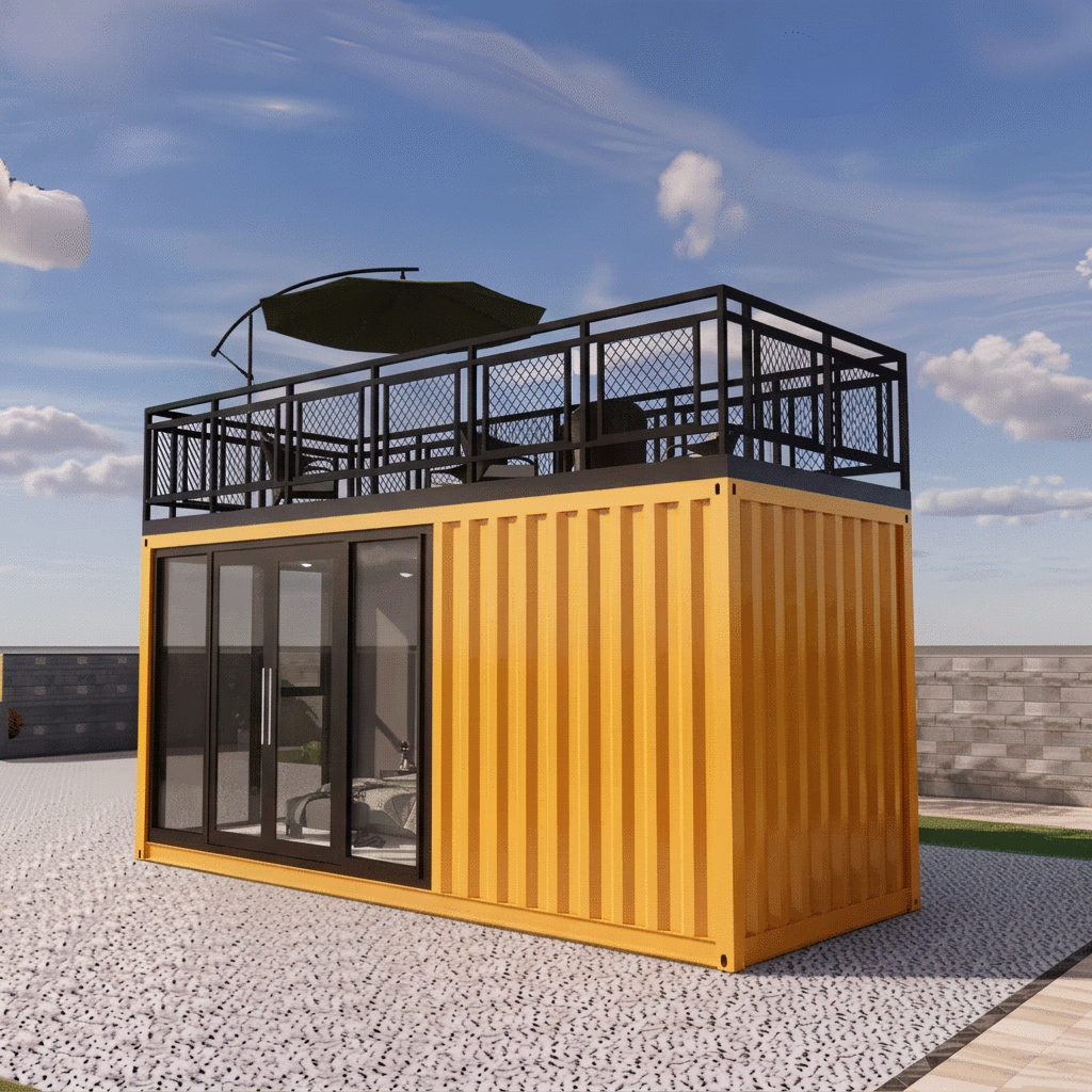 Rear three-quarter view showing yellow corrugated container walls and black rooftop railing