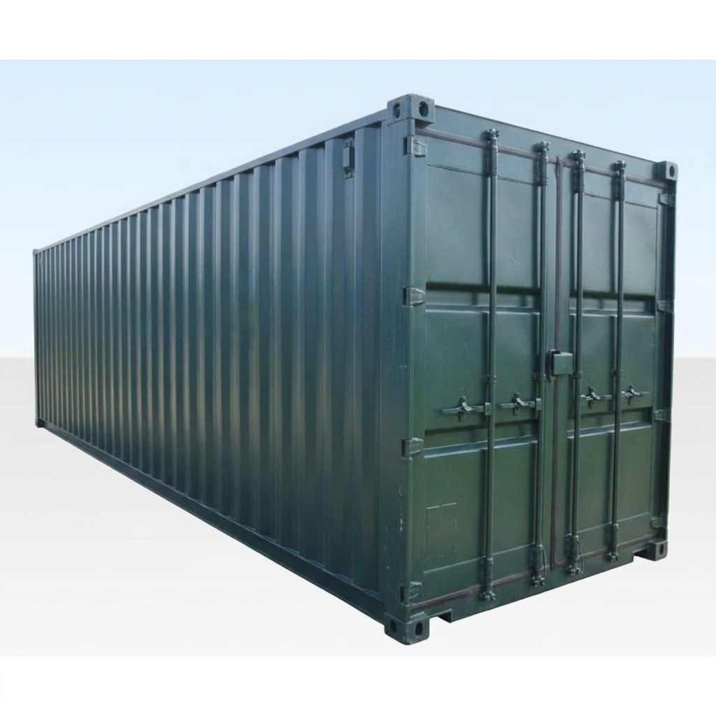 Green 30ft one trip shipping container with open double cargo doors showing secure locking bars