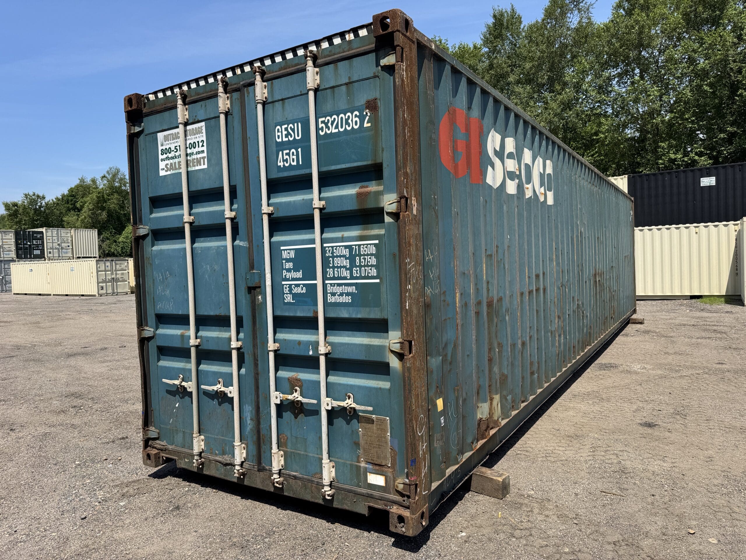 40ft Used High Cube Shipping Container — Front Exterior View | Outback Shipping Containers 2 12 40ft Used High Cube Shipping Container – Wind & Watertight – Blue — 40ft — used (image 1 of 12)