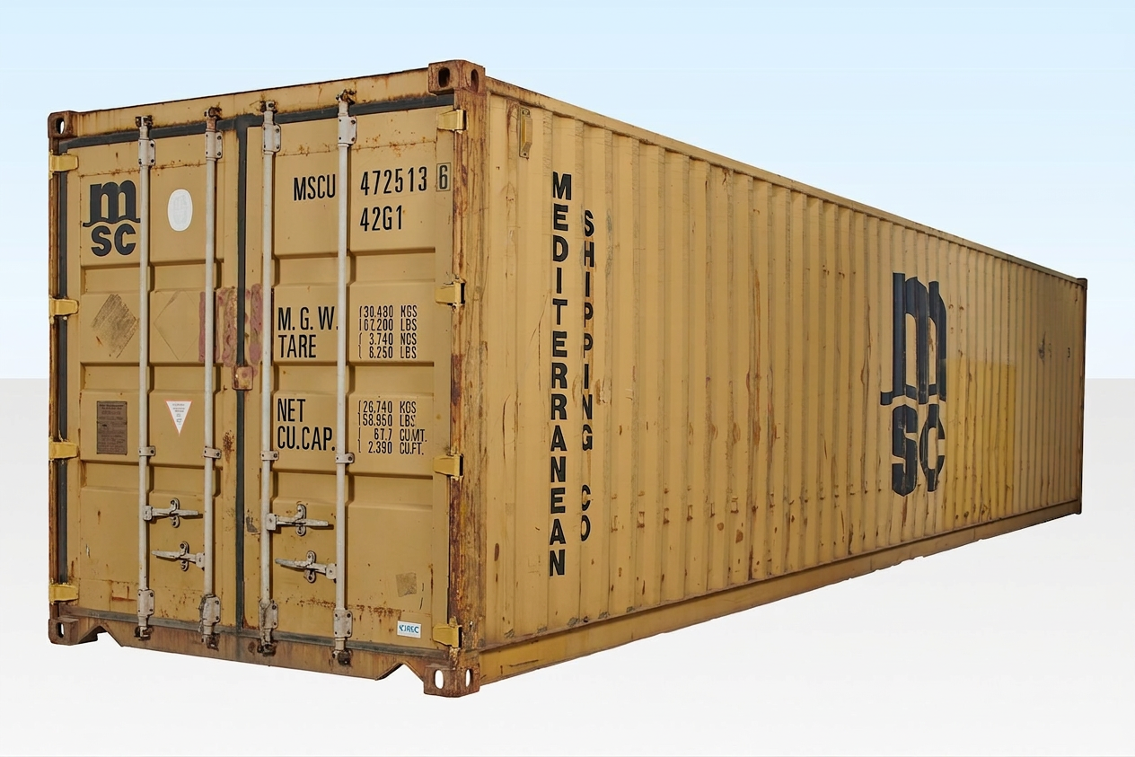 30ft used shipping container bulk unit in yellow steel with MSC markings showing weathered double doors and side panel