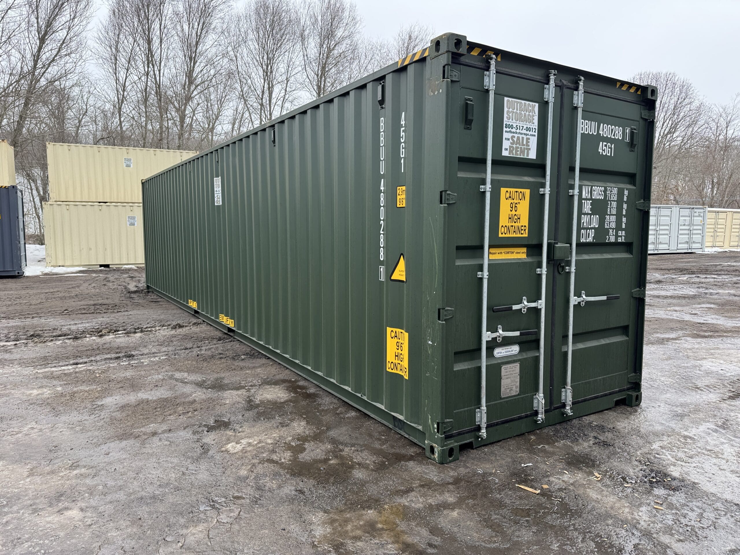 40ft New High Cube Shipping Container — Front Exterior View | Outback Shipping Containers 2 64 40ft New High Cube Shipping Container – Wind & Watertight – Green — 40ft — new (image 1 of 12)