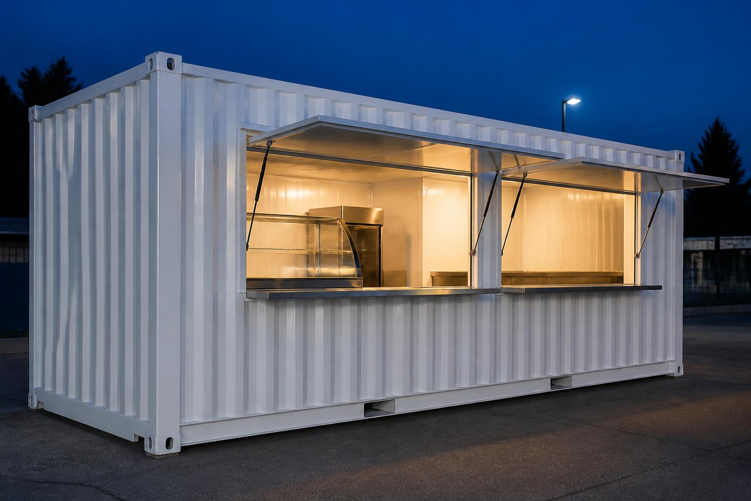 The Outback Vendor concession kiosk open for business at dusk with warm interior lighting