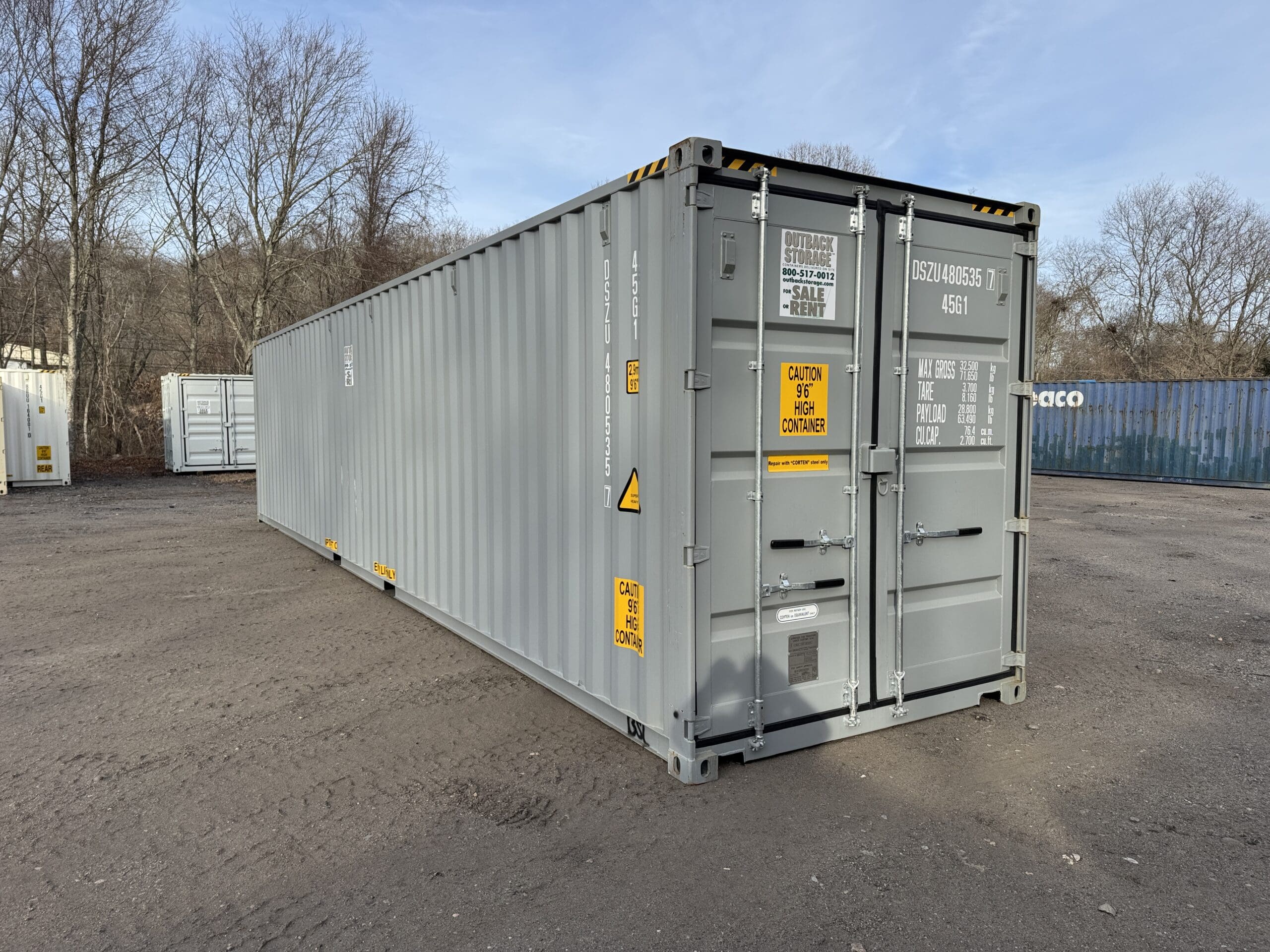 40ft New High Cube Shipping Container — Front Exterior View | Outback Shipping Containers 2 61 40ft New High Cube Shipping Container – Wind & Watertight – Gray — 40ft — new (image 1 of 12)