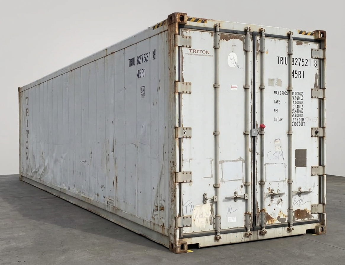 40ft used shipping container with white exterior and cargo doors showing moderate wear and rust at a container yard