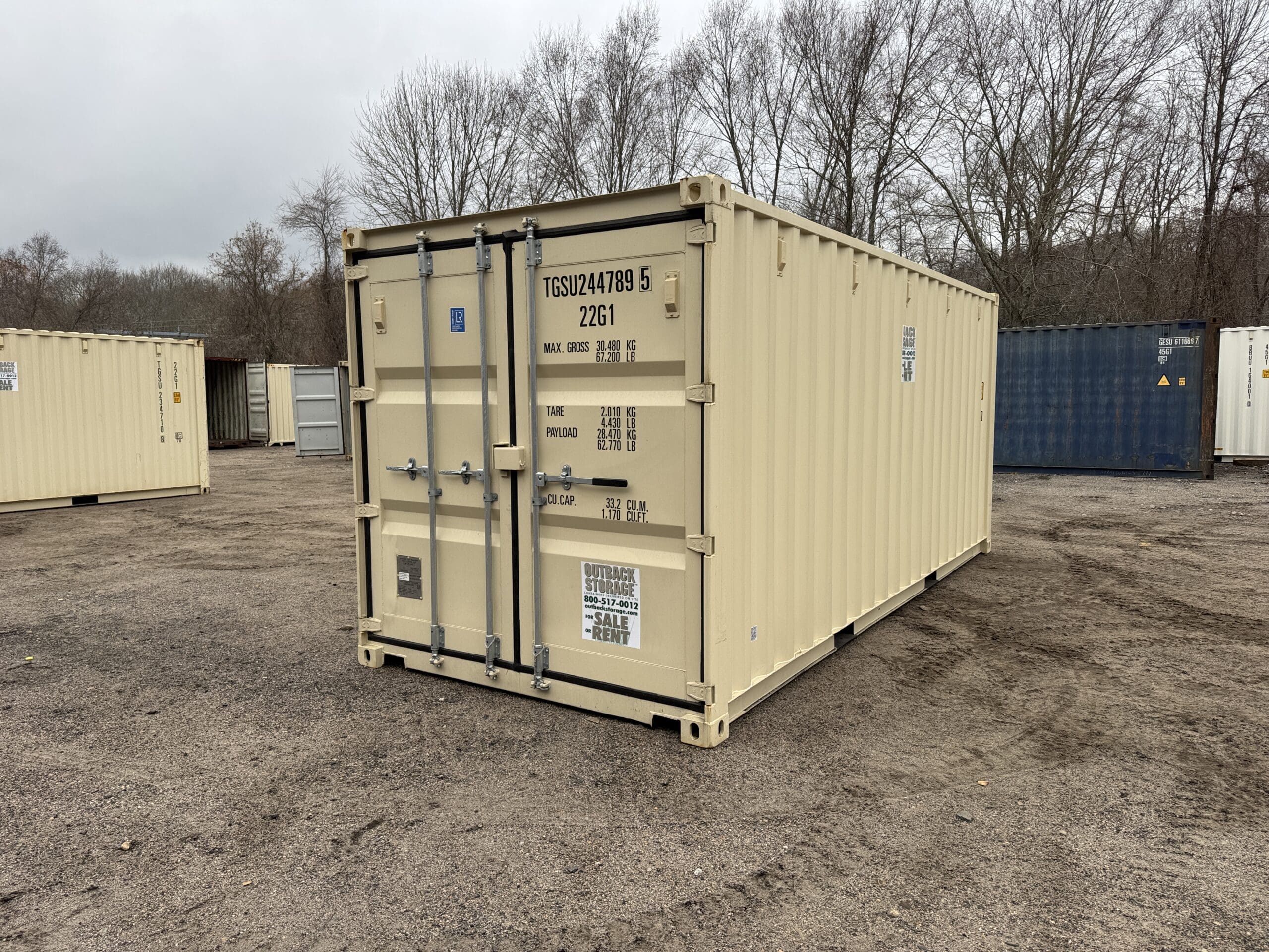 20ft New Shipping Container for Sale — Front Exterior View | Outback Shipping Containers 2 3 38 20ft New Shipping Container – Wind & Watertight – Beige — 20ft — new (image 1 of 12)