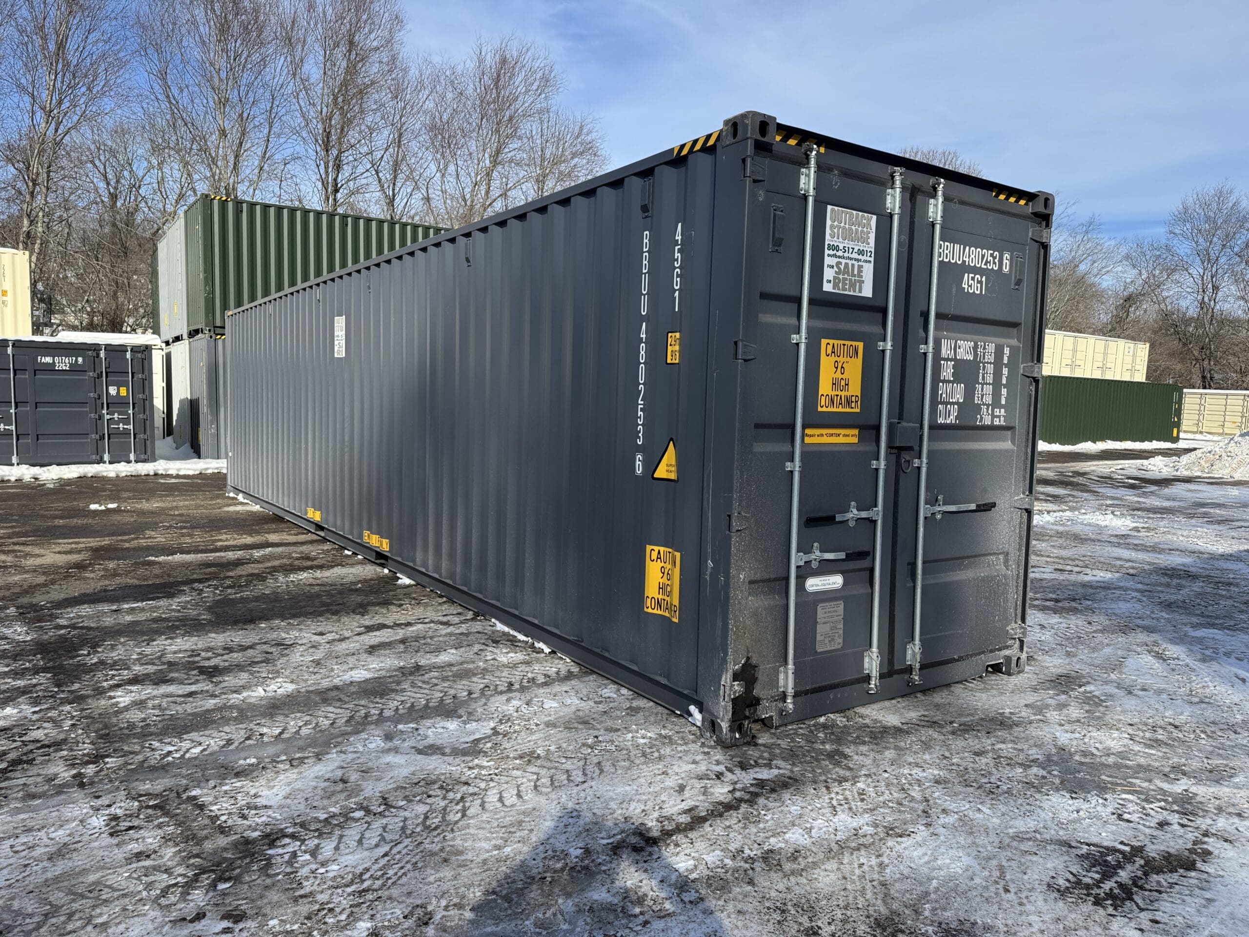 40ft New High Cube Shipping Container — Front Exterior View | Outback Shipping Containers 2 57 40ft New High Cube Shipping Container – Wind & Watertight – Gray — 40ft — new (image 1 of 12)