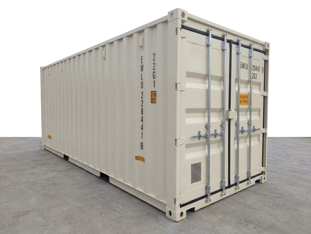Beige 20ft one-trip shipping container with three front doors positioned on a paved depot lot