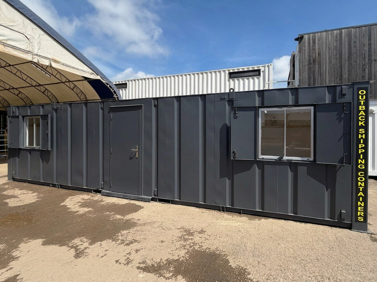 Exterior view of a charcoal gray 32x10 portable shipping container cabin with anti-vandal window shutters and steel door