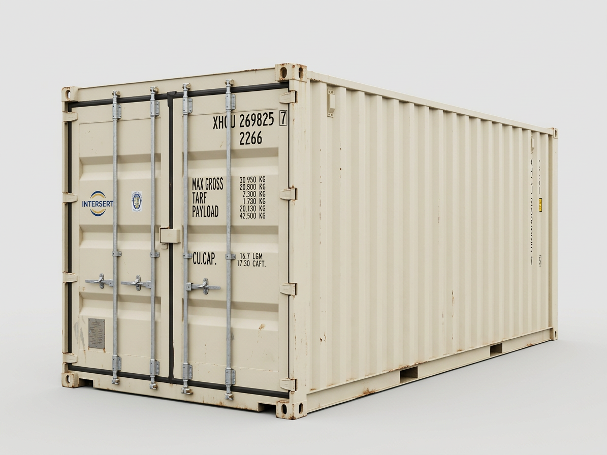 20ft Open Side Shipping Container for Sale — Front Exterior View | Outback Shipping Containers 20ft open side shipping container in beige with closed bi-fold side doors and rear cargo doors outdoors