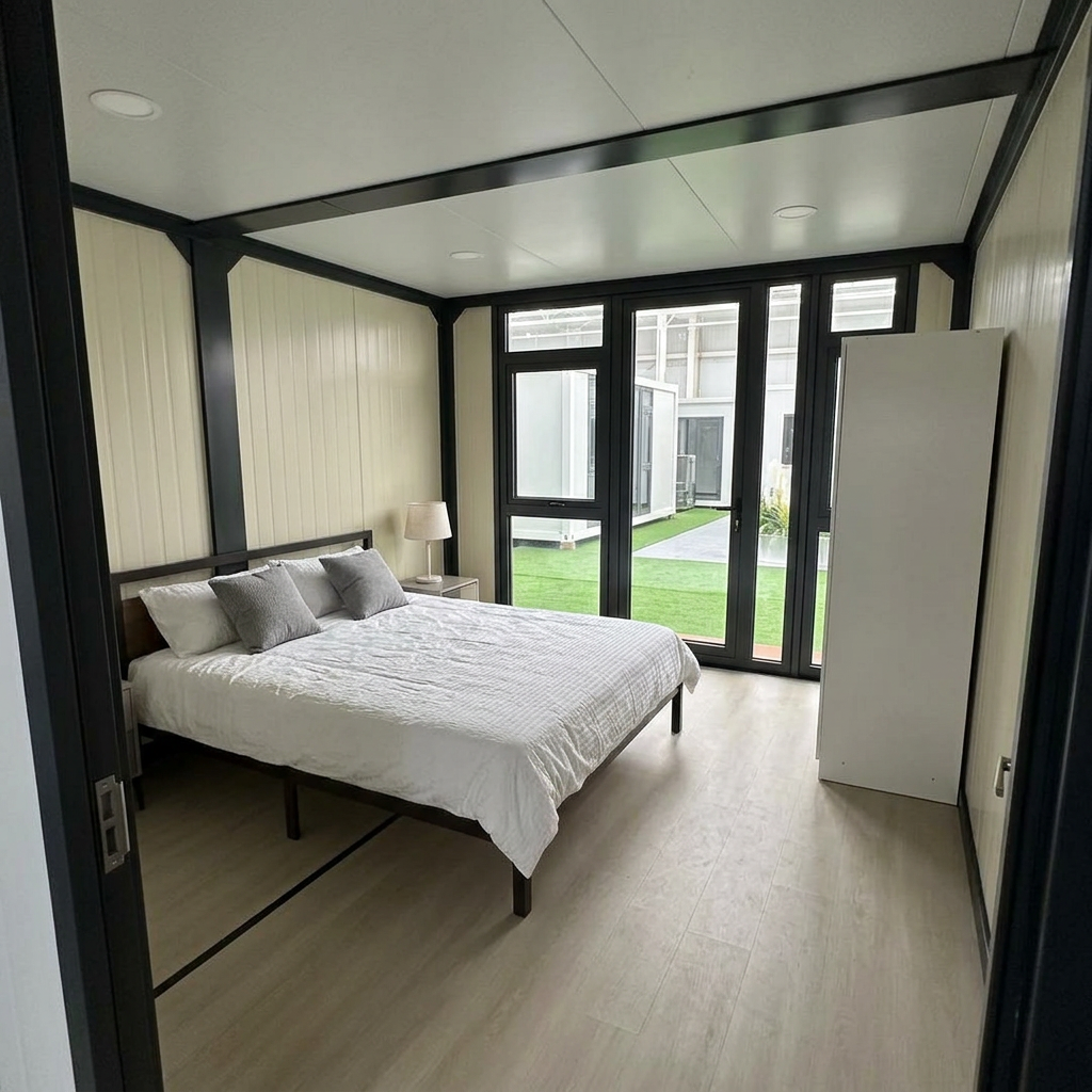 Bedroom 1 on the ground floor of the 4 bedroom luxury modular container home villa with queen bed and glazed patio doors