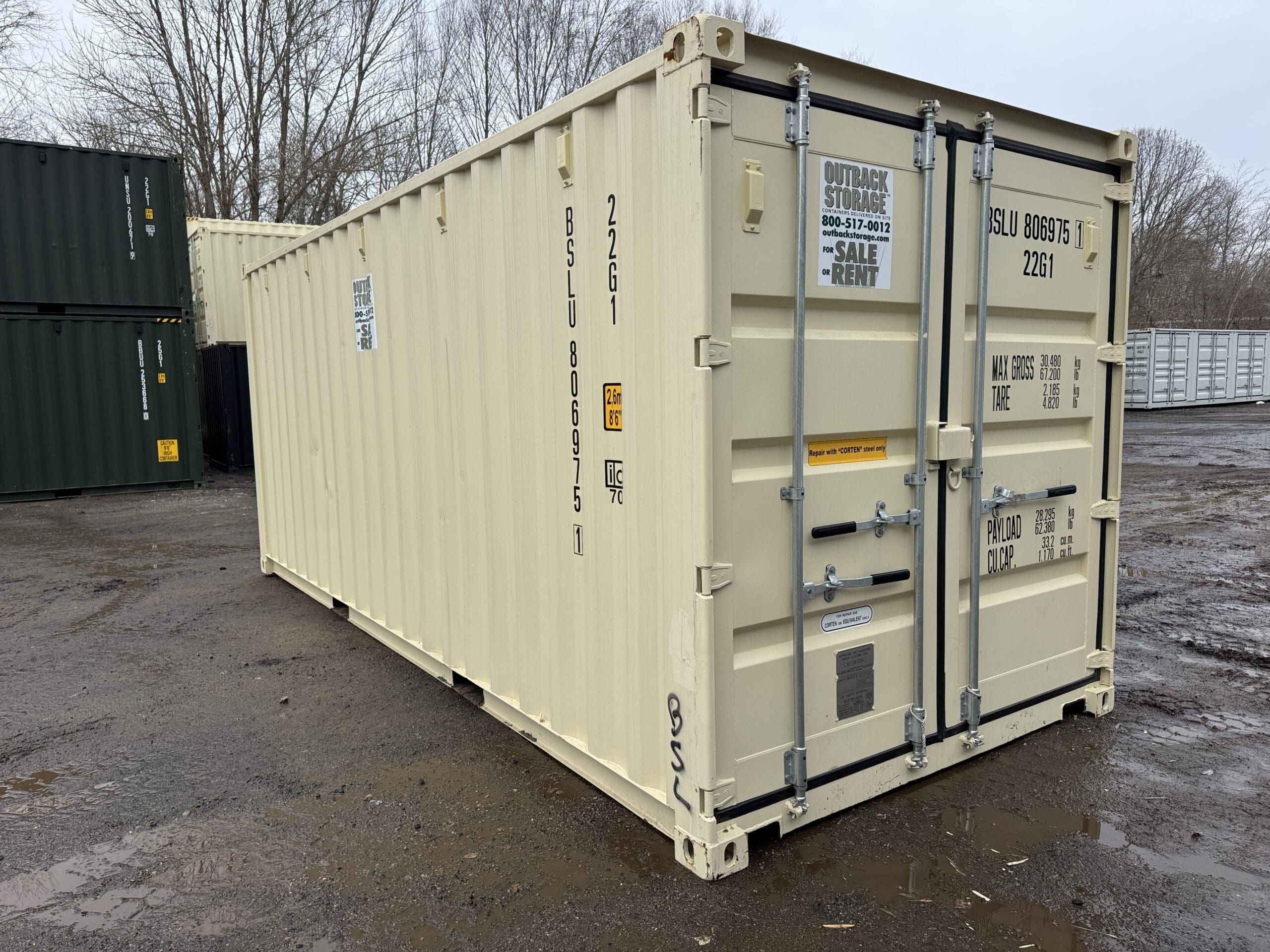 20ft New Shipping Container for Sale — Front Exterior View | Outback Shipping Containers 2 3 31 20ft New Shipping Container – Wind & Watertight – Beige — 20ft — new (image 1 of 12)