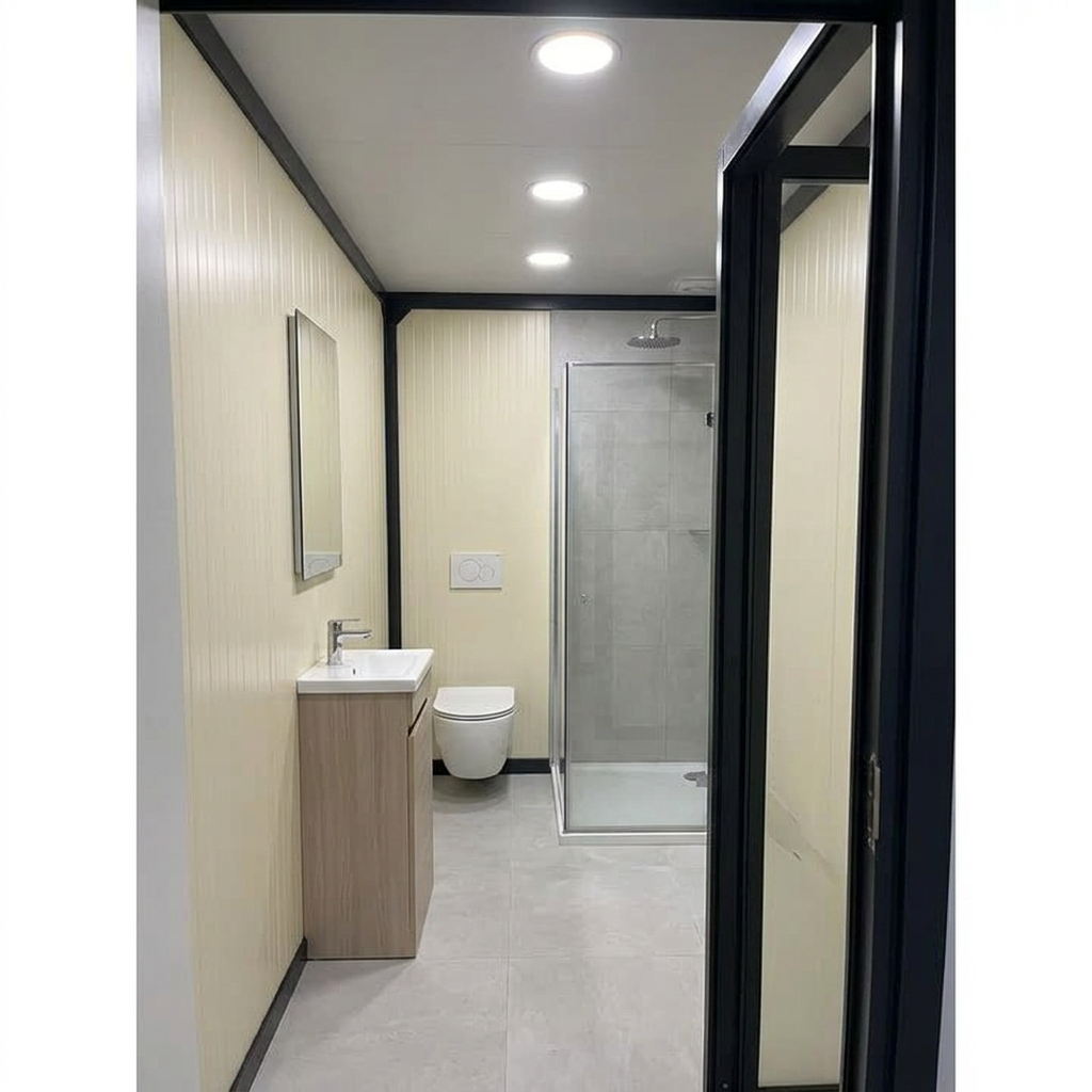 Bathroom 1 on the ground floor with walk-in shower, wall-hung WC and vanity basin