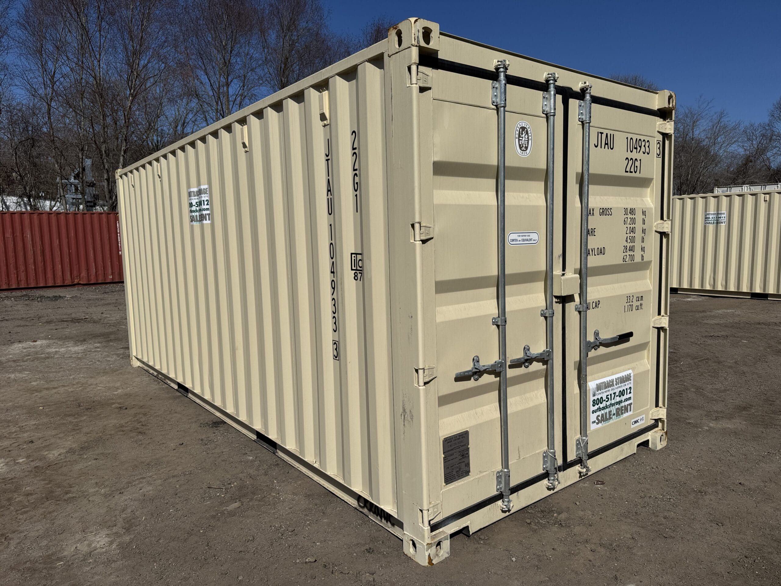 20ft New Shipping Container for Sale — Front Exterior View | Outback Shipping Containers 2 3 17 20ft New Shipping Container – Wind & Watertight – Beige — 20ft — new (image 1 of 12)