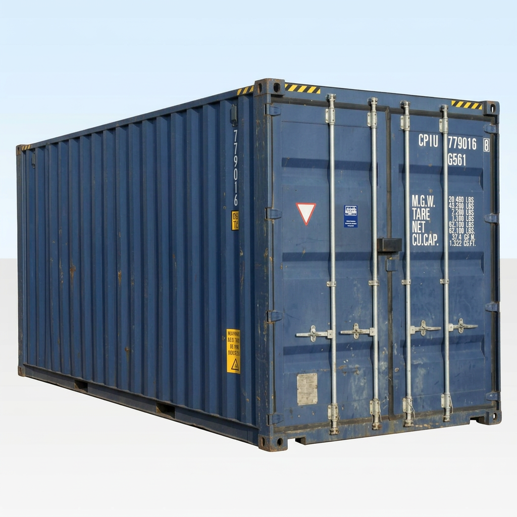 20ft high cube shipping container in blue steel showing side corrugated panels and double cargo doors in used condition