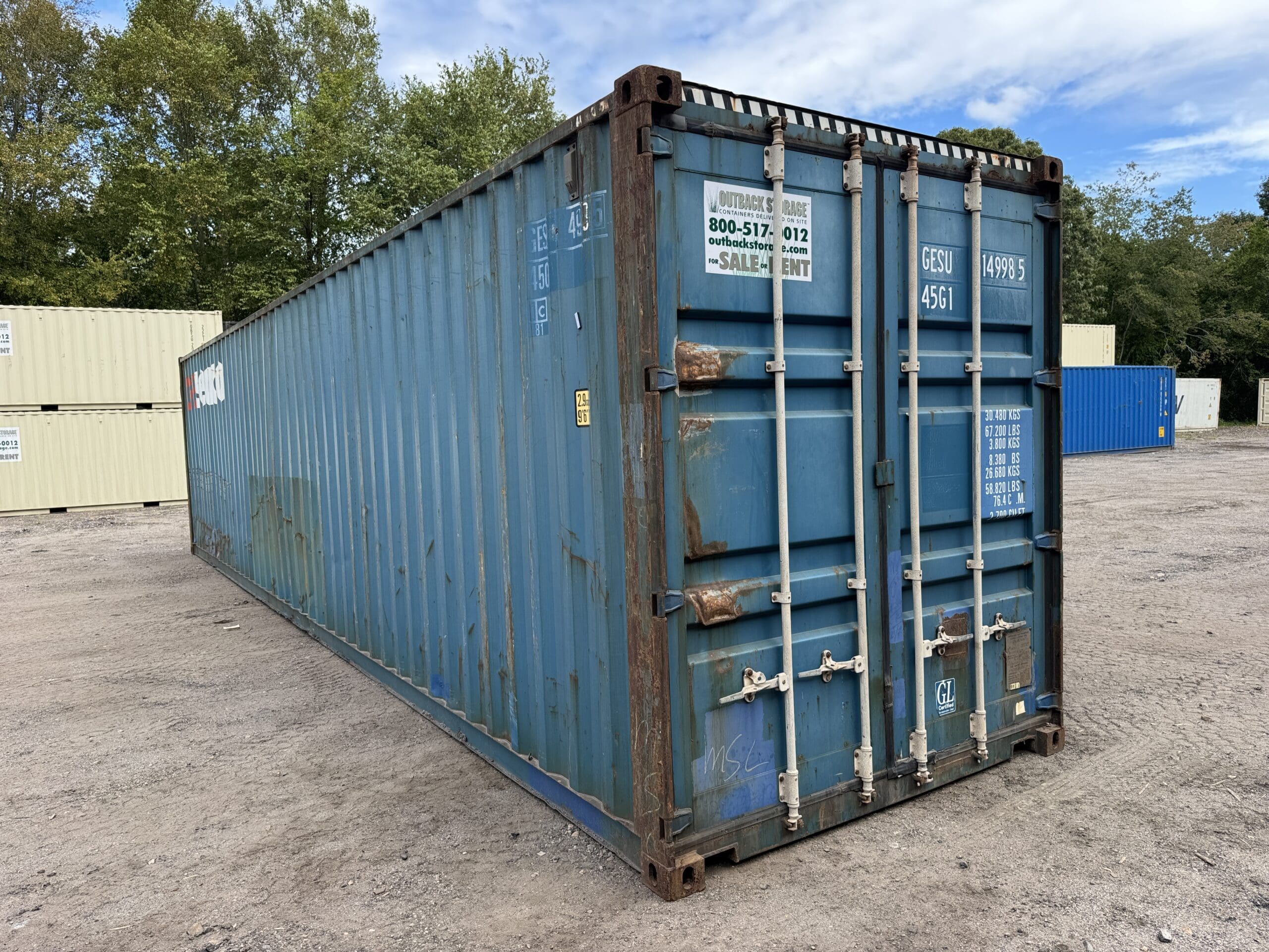 40ft Used High Cube Shipping Container — Front Exterior View | Outback Shipping Containers 2 6 40ft Used High Cube Shipping Container – Wind & Watertight – Blue — 40ft — used (image 1 of 12)