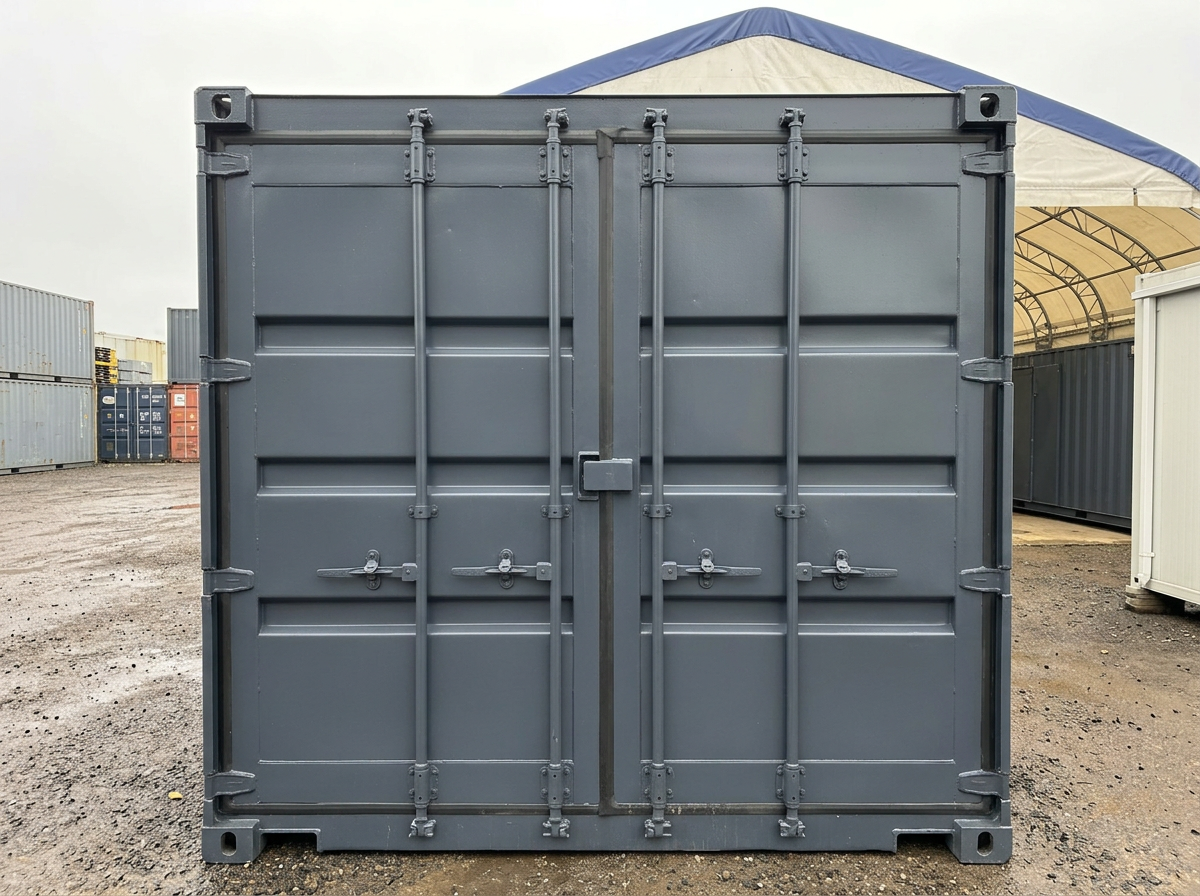 Square-on end elevation of the 32x10ft anti-vandal portable office showing the twin steel cargo doors and locking bars