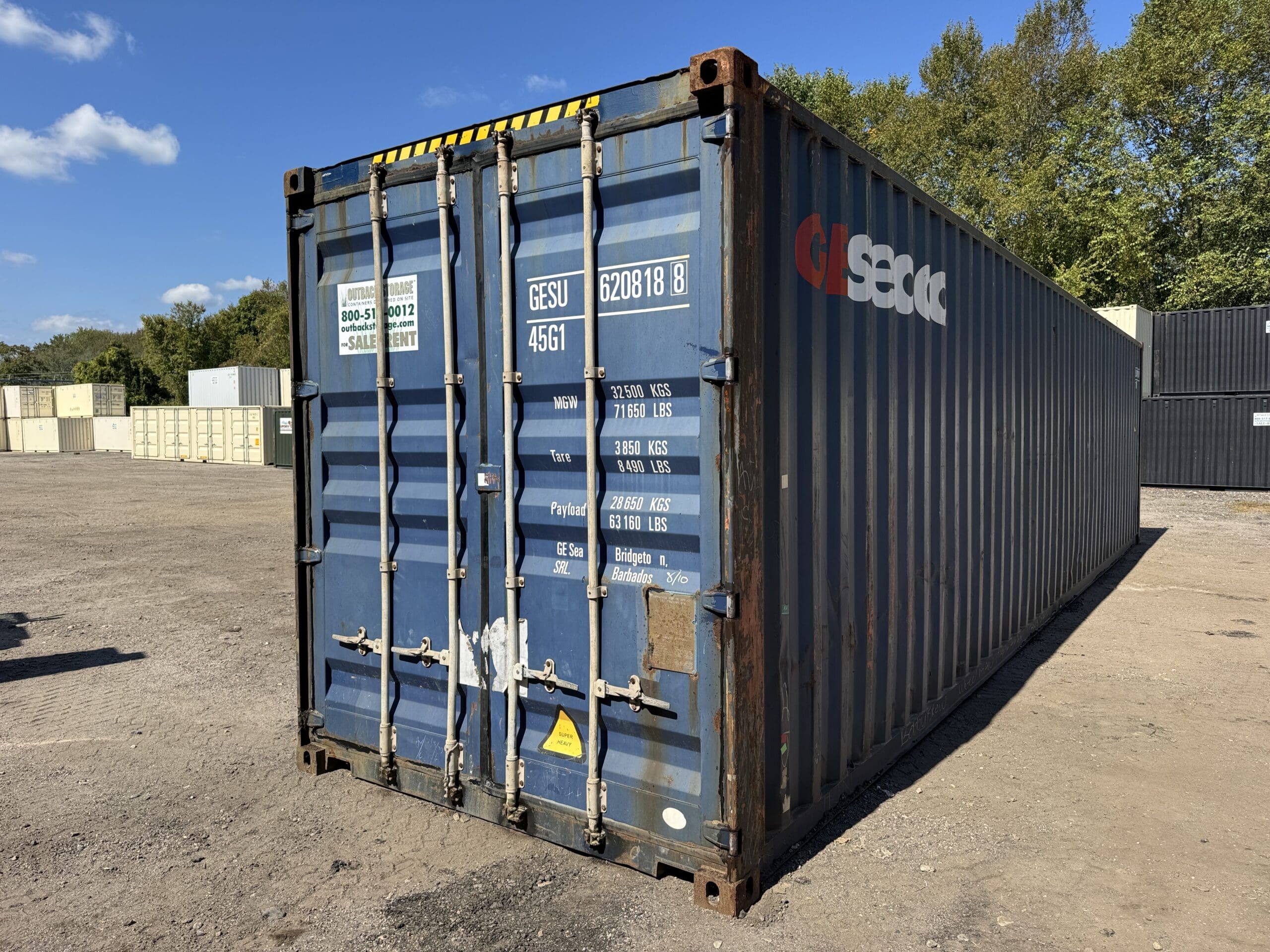 40ft Used High Cube Shipping Container — Front Exterior View | Outback Shipping Containers 2 10 40ft Used High Cube Shipping Container – Wind & Watertight – Blue — 40ft — used (image 1 of 12)