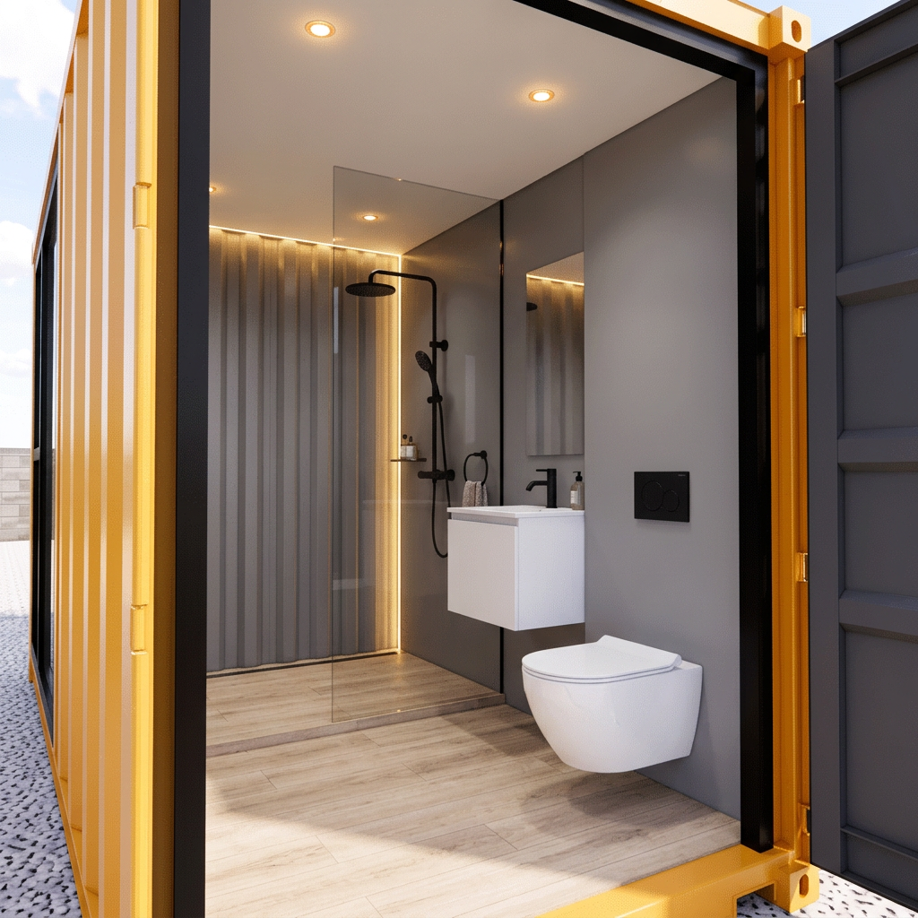 Compact end-of-container wet-room bathroom with walk-in shower and wall-hung toilet