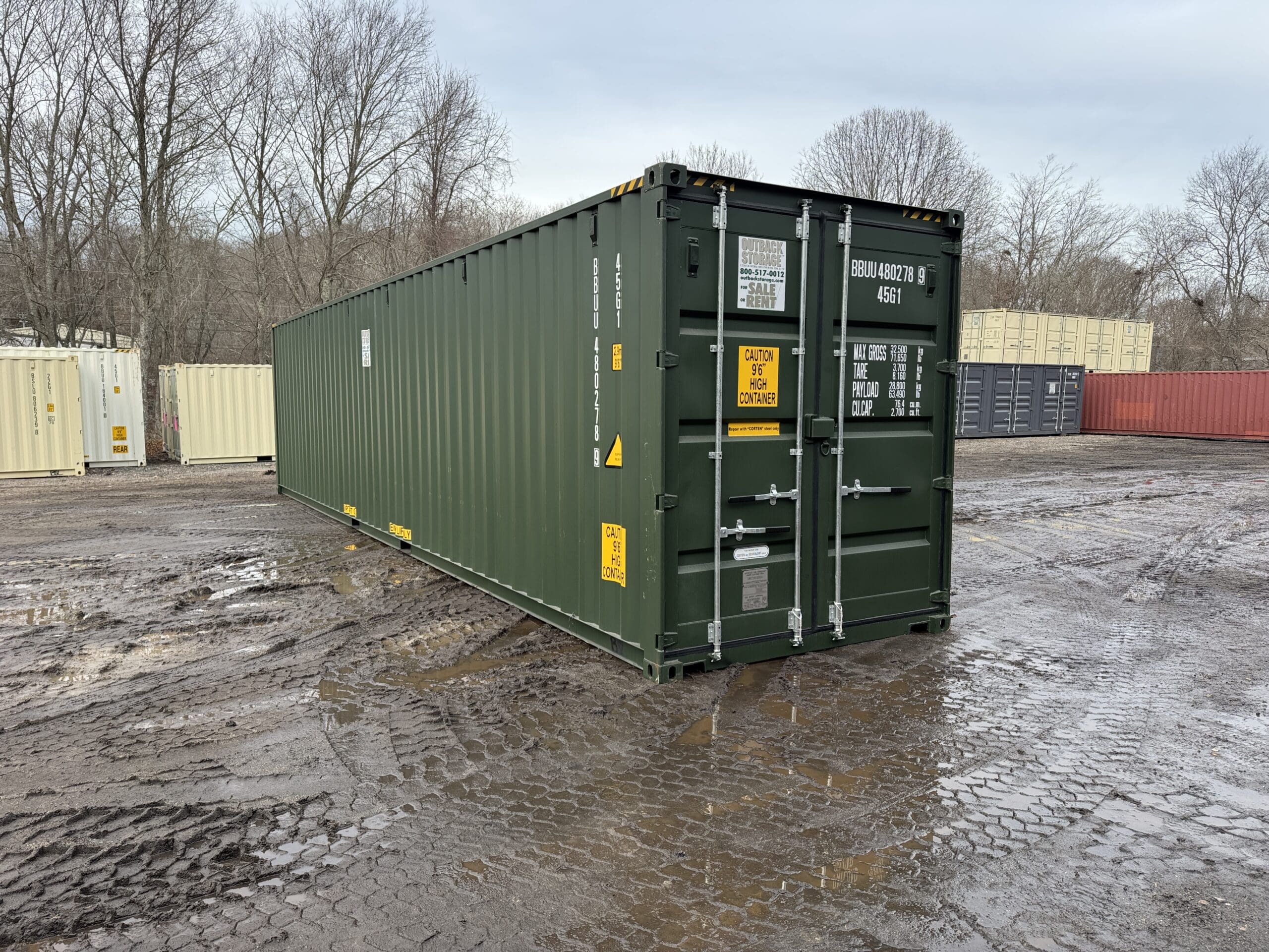 40ft New High Cube Shipping Container — Front Exterior View | Outback Shipping Containers 2 46 40ft New High Cube Shipping Container – Wind & Watertight – Green — 40ft — new (image 1 of 12)